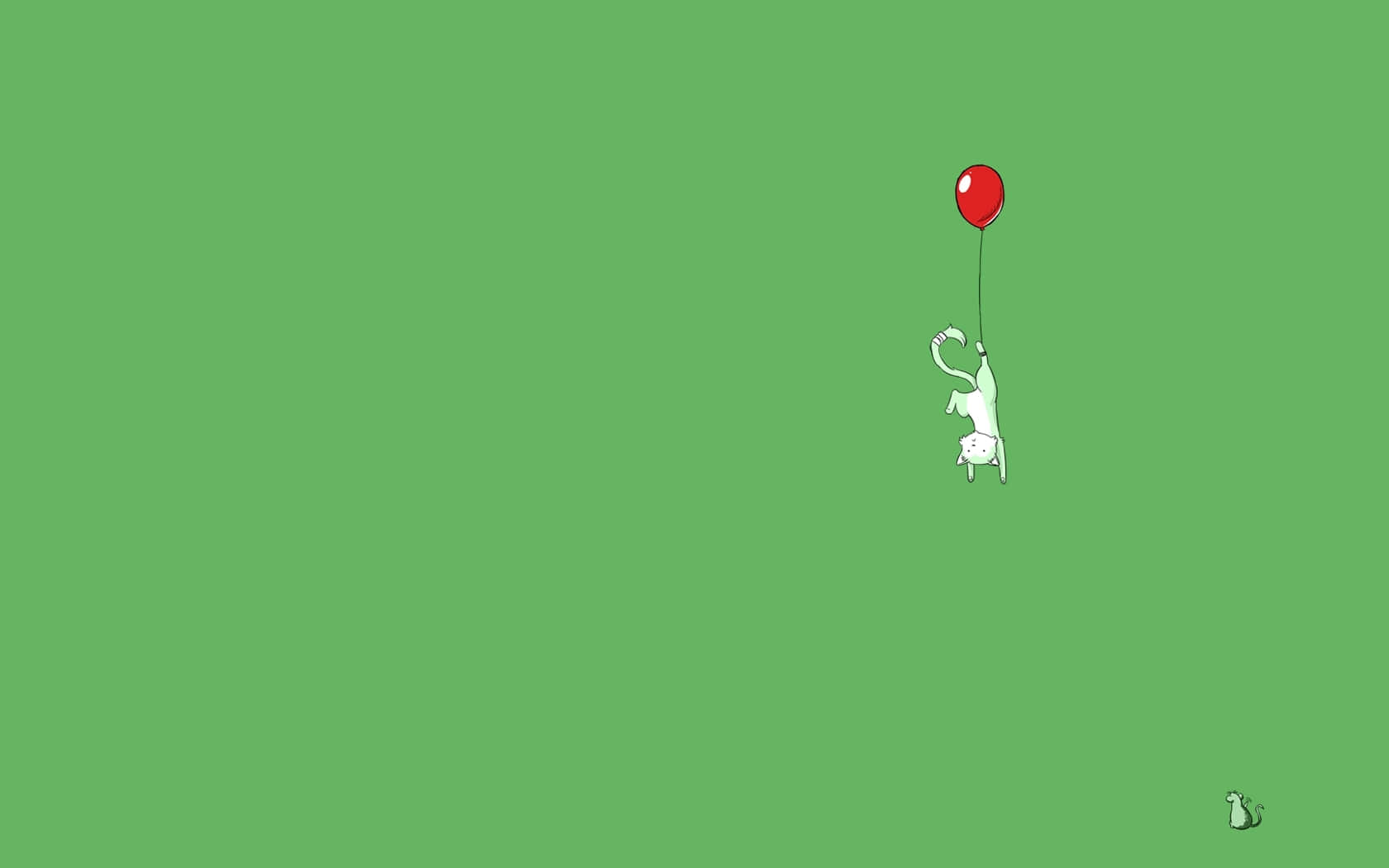 floating cat, red balloon, solid green background, HD Desktop Wallpaper