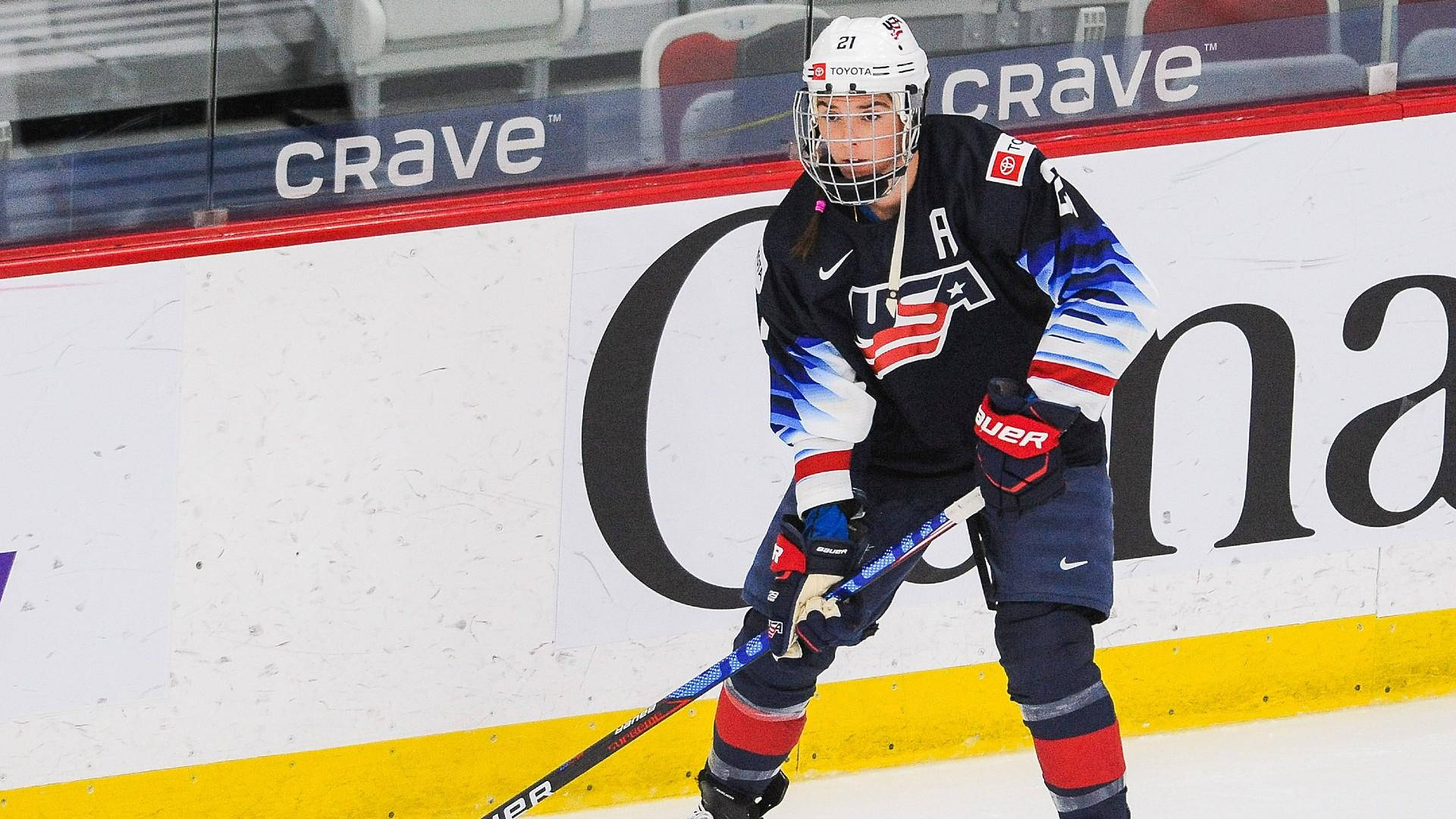 Hilary Knight, USA women's hockey player, blue red and white gear, Full HD Desktop Wallpaper
