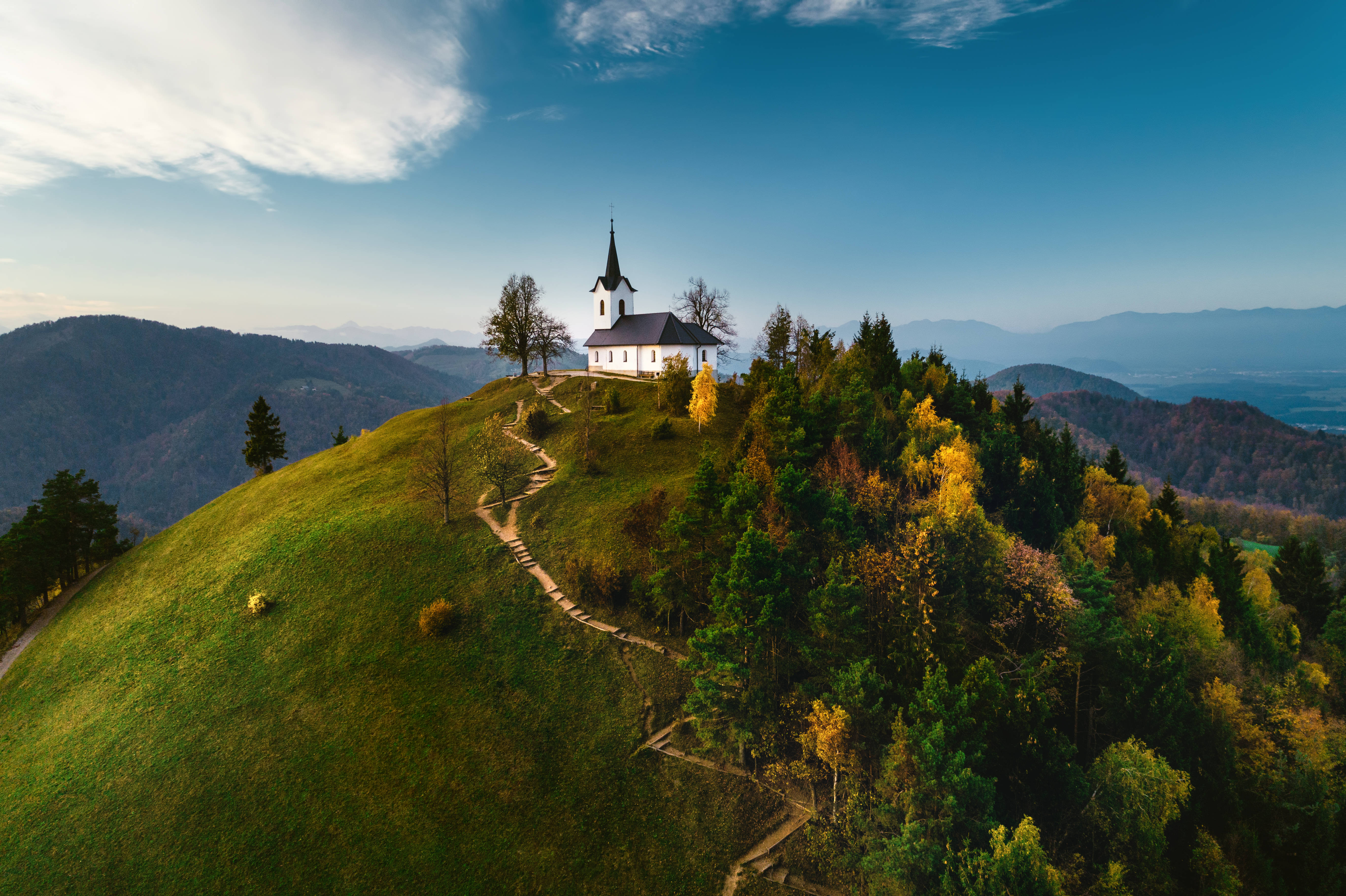 Hill View, white chapel, black spire, 5K Desktop Wallpaper