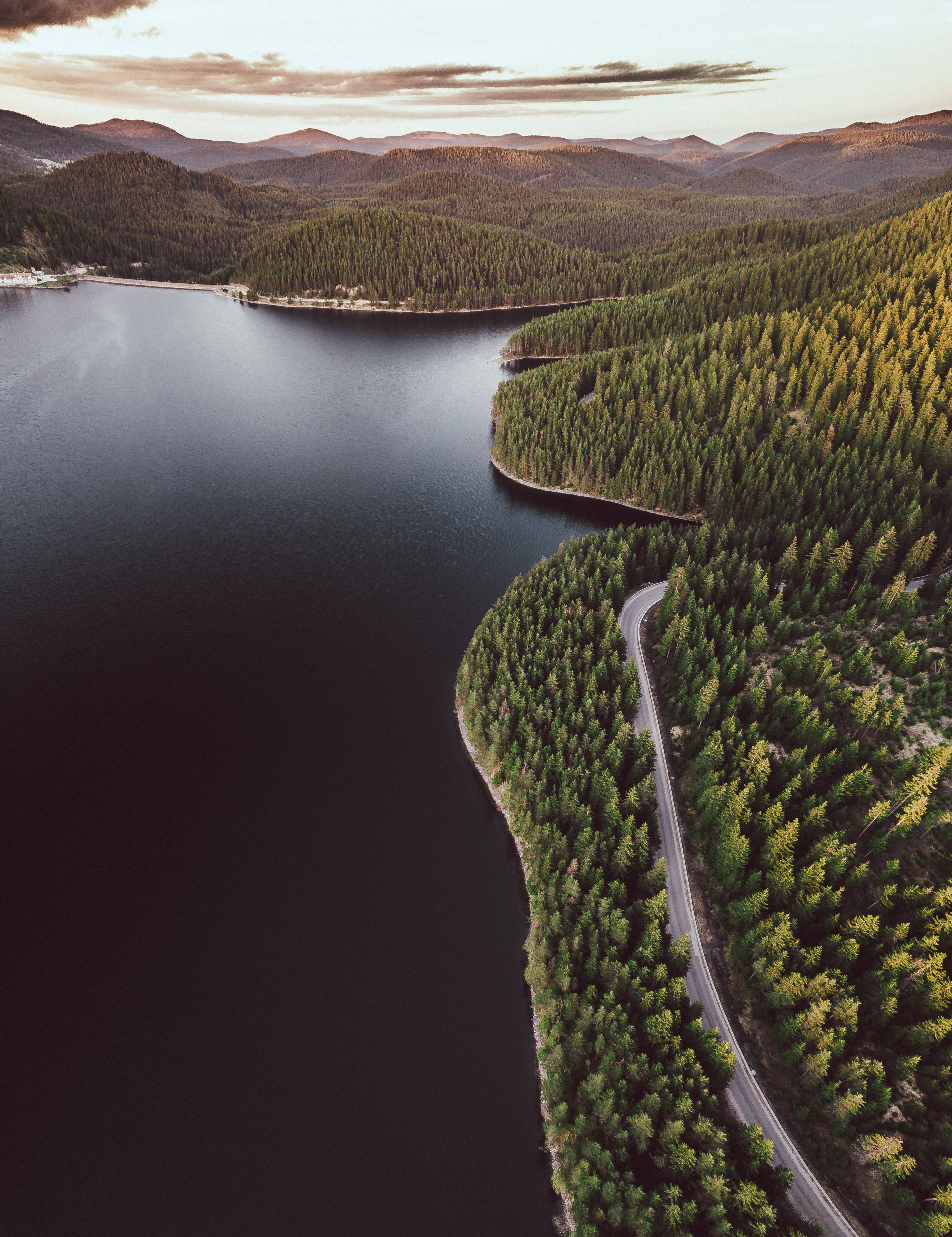 Black Lake, Hill View, winding road, 5K Phone Wallpaper