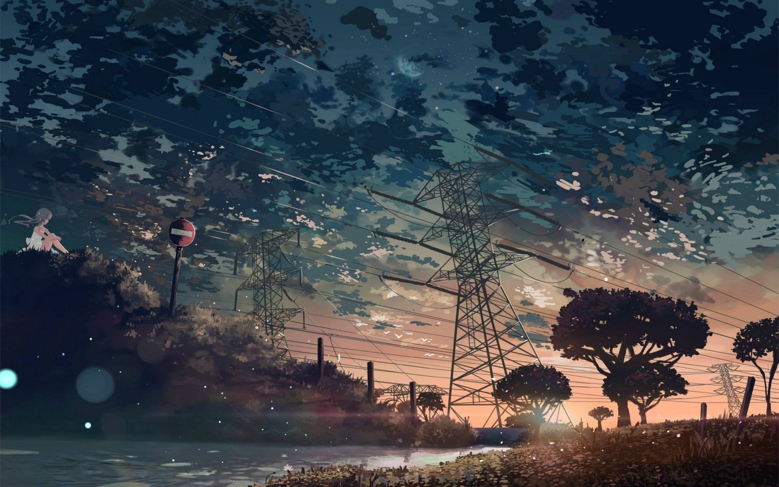 anime girl, hill, power lines, 2K Desktop Wallpaper