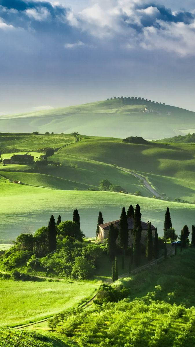 Tuscan hillside, stone villa, cypress trees, SD Phone Wallpaper