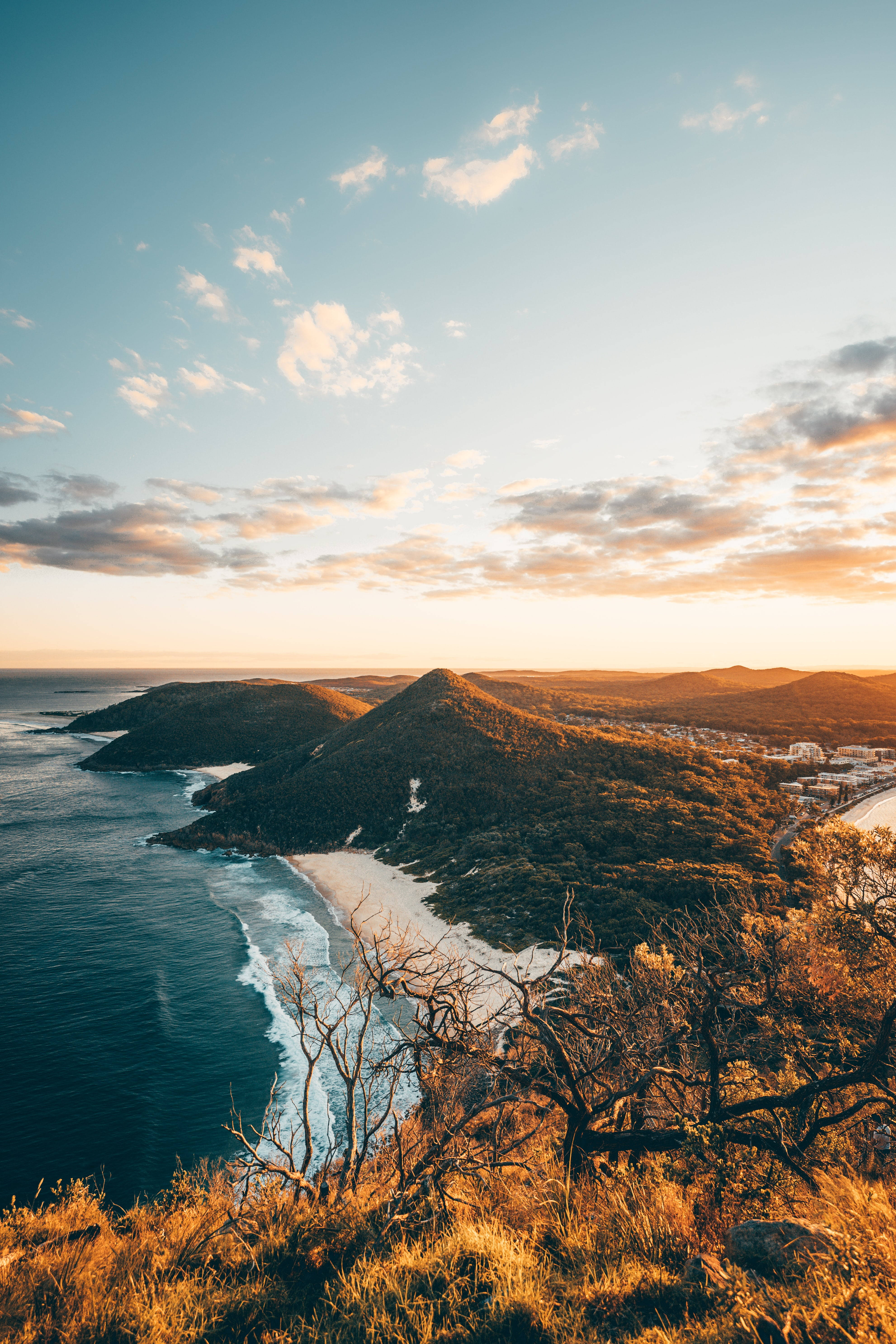 Sunset, coastal landscape, golden light, 5K Phone Wallpaper