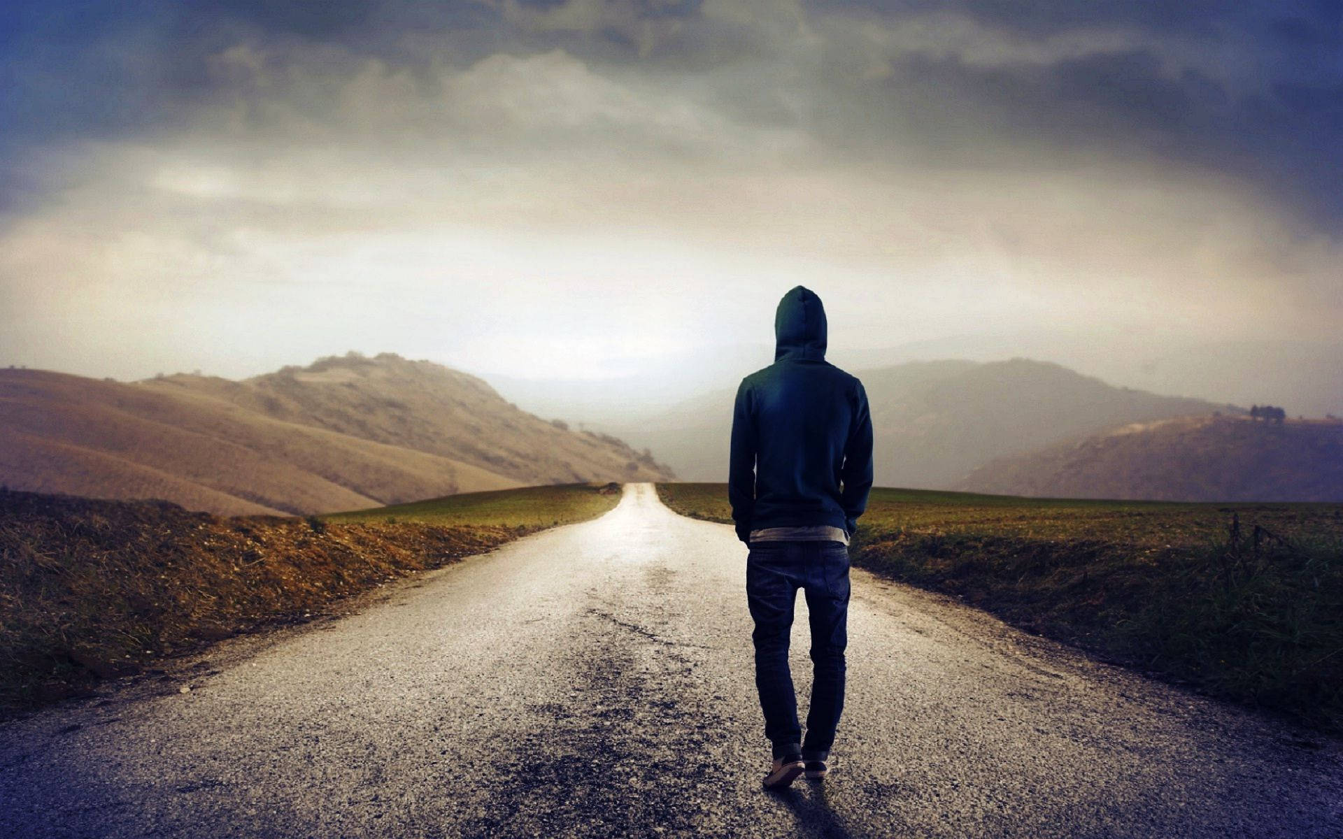 Hill View, hooded figure, wet road, Full HD Desktop Wallpaper