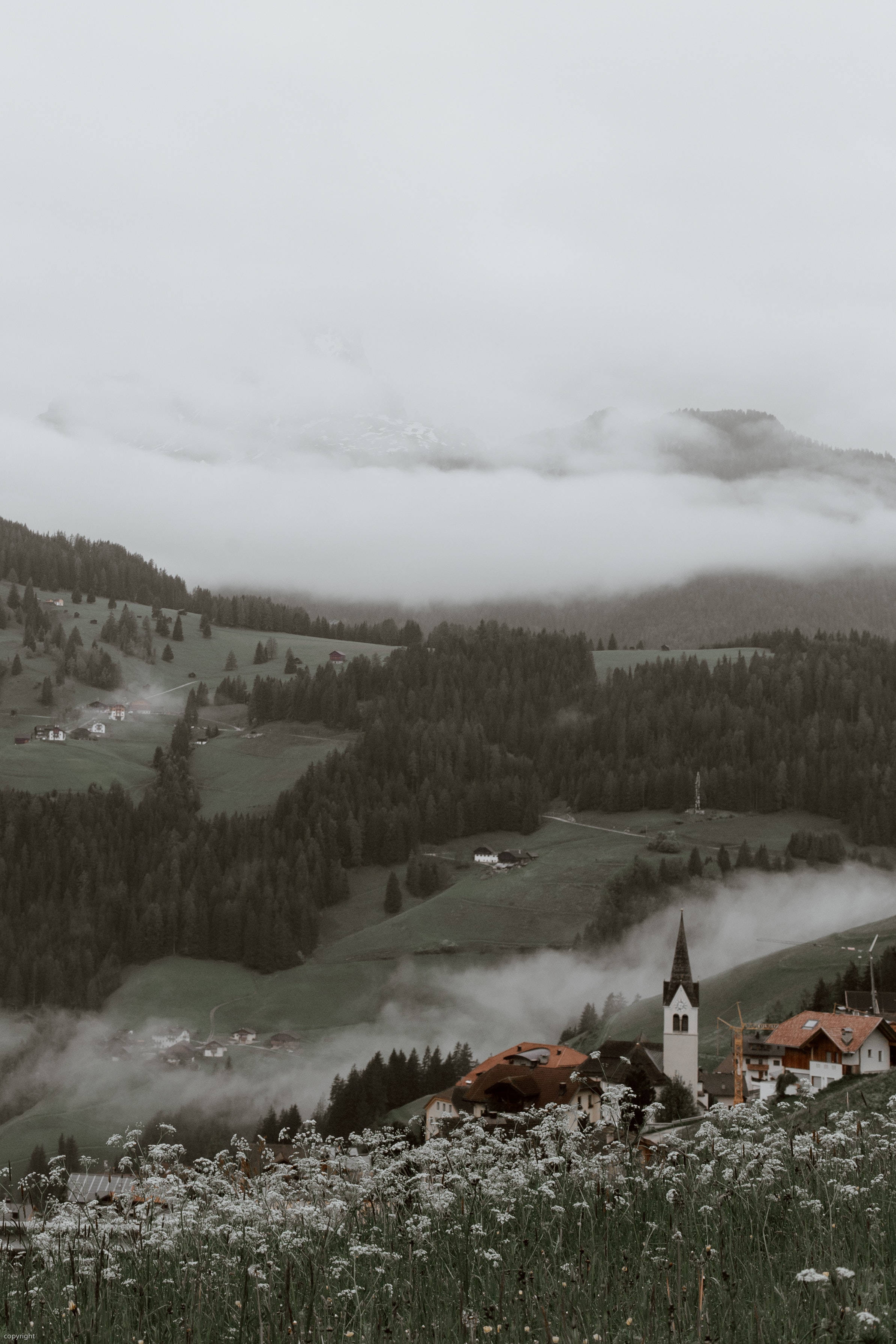 foggy hill view, misty mountain village, valleys, 2K Phone Wallpaper