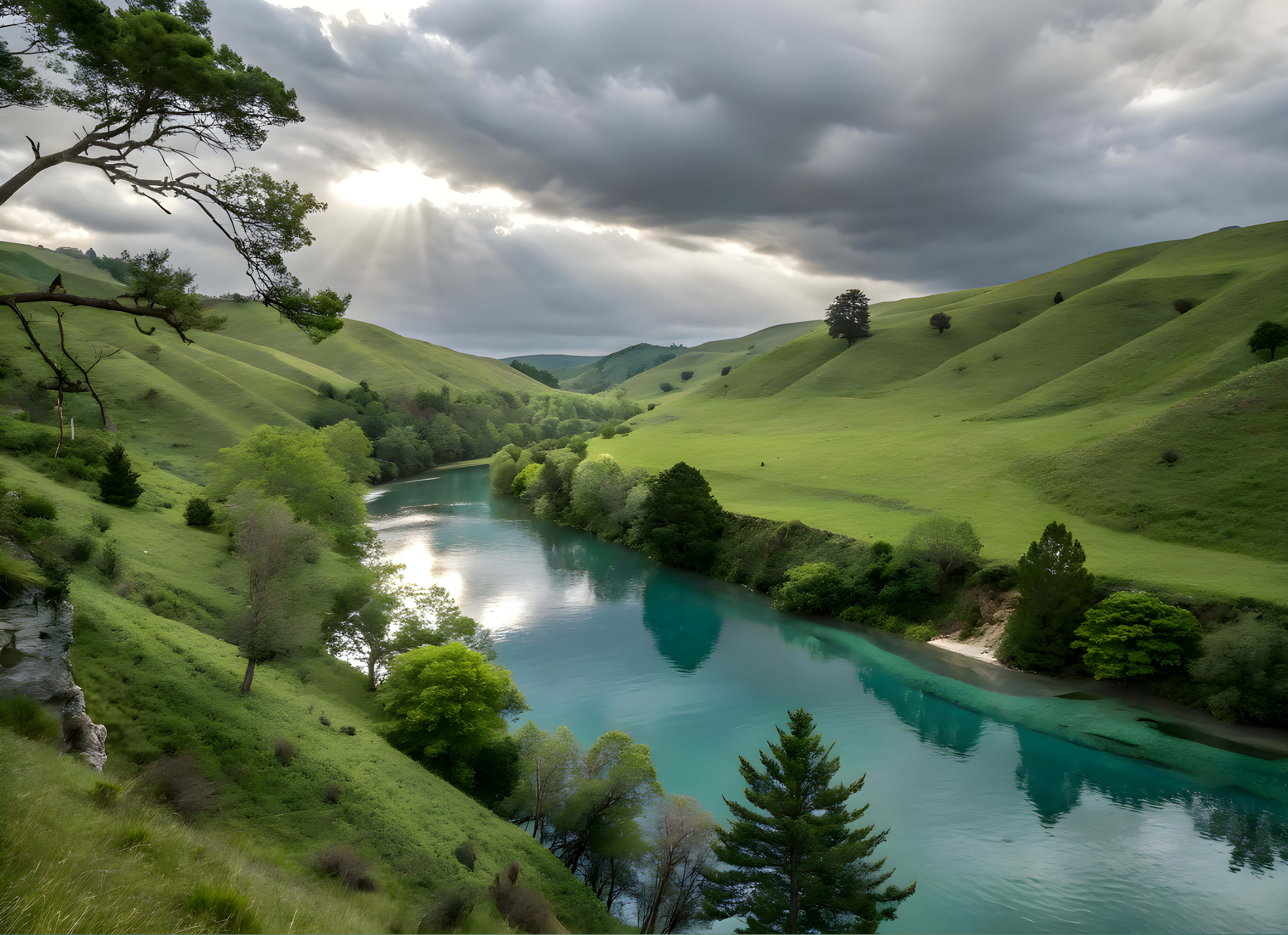 turquoise river, lush green hills, dramatic cloudy skies, 5K Desktop Wallpaper