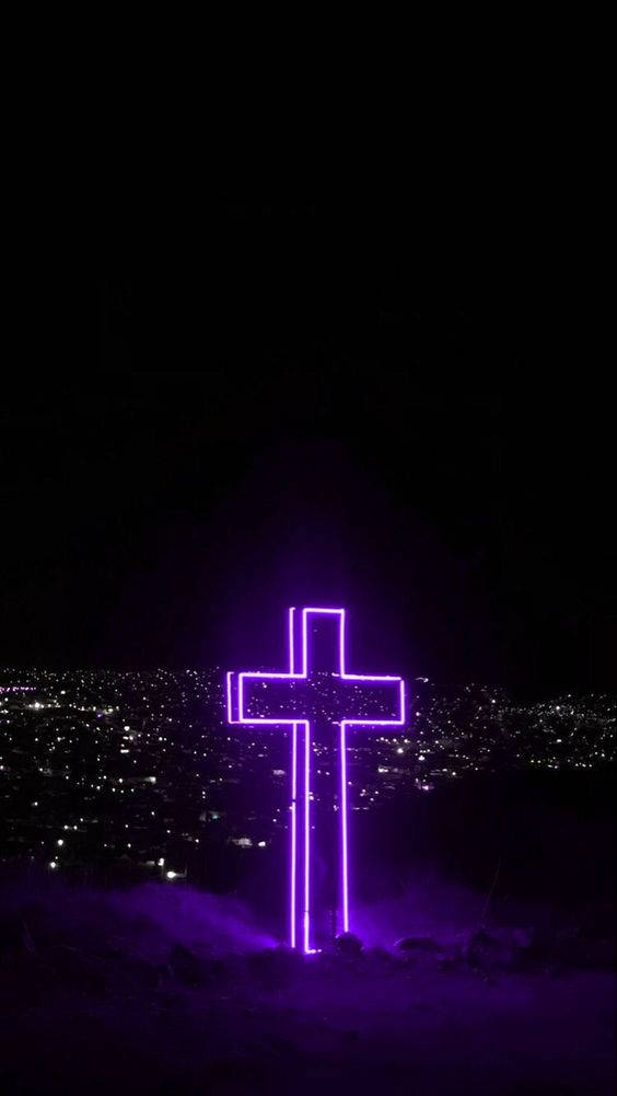 glowing purple neon cross, hill, sprawling cityscape, SD Phone Wallpaper