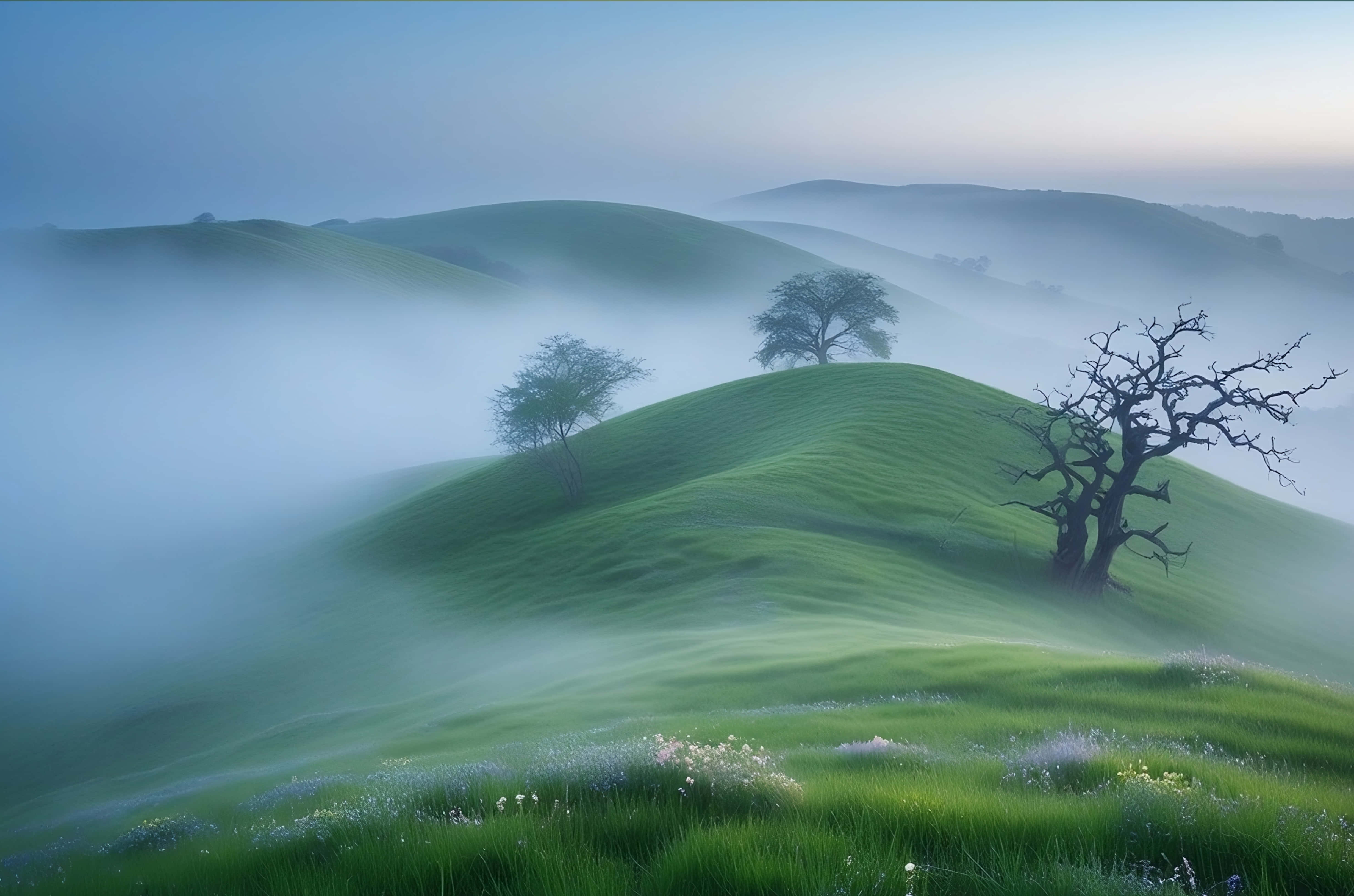 Green hill, sky, misty dawn, 4K Desktop Wallpaper