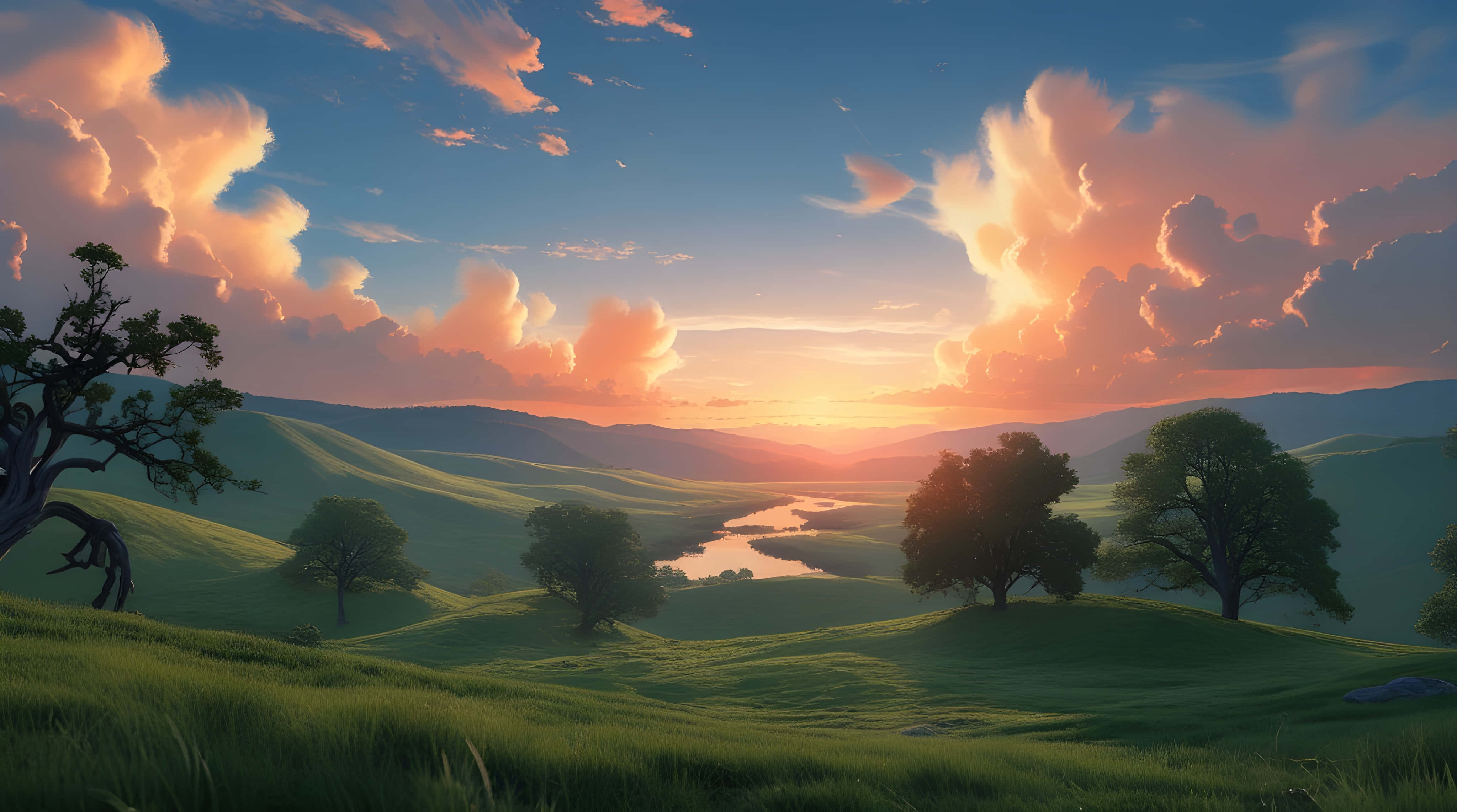 sunset, rolling green hills, winding river, 4K Desktop Wallpaper