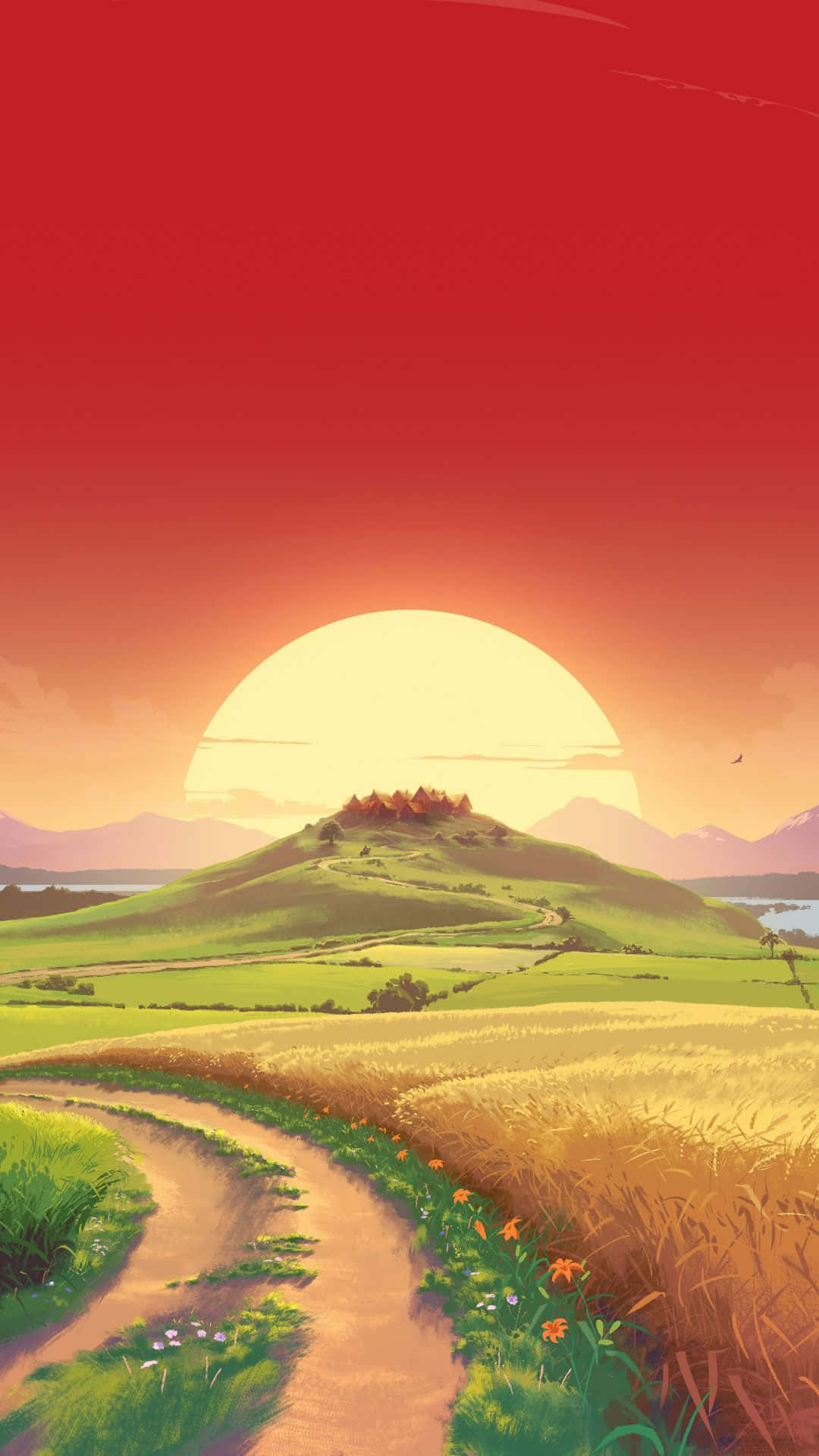 Sunset Hill, country roads, golden wheat fields, Full HD Phone Wallpaper