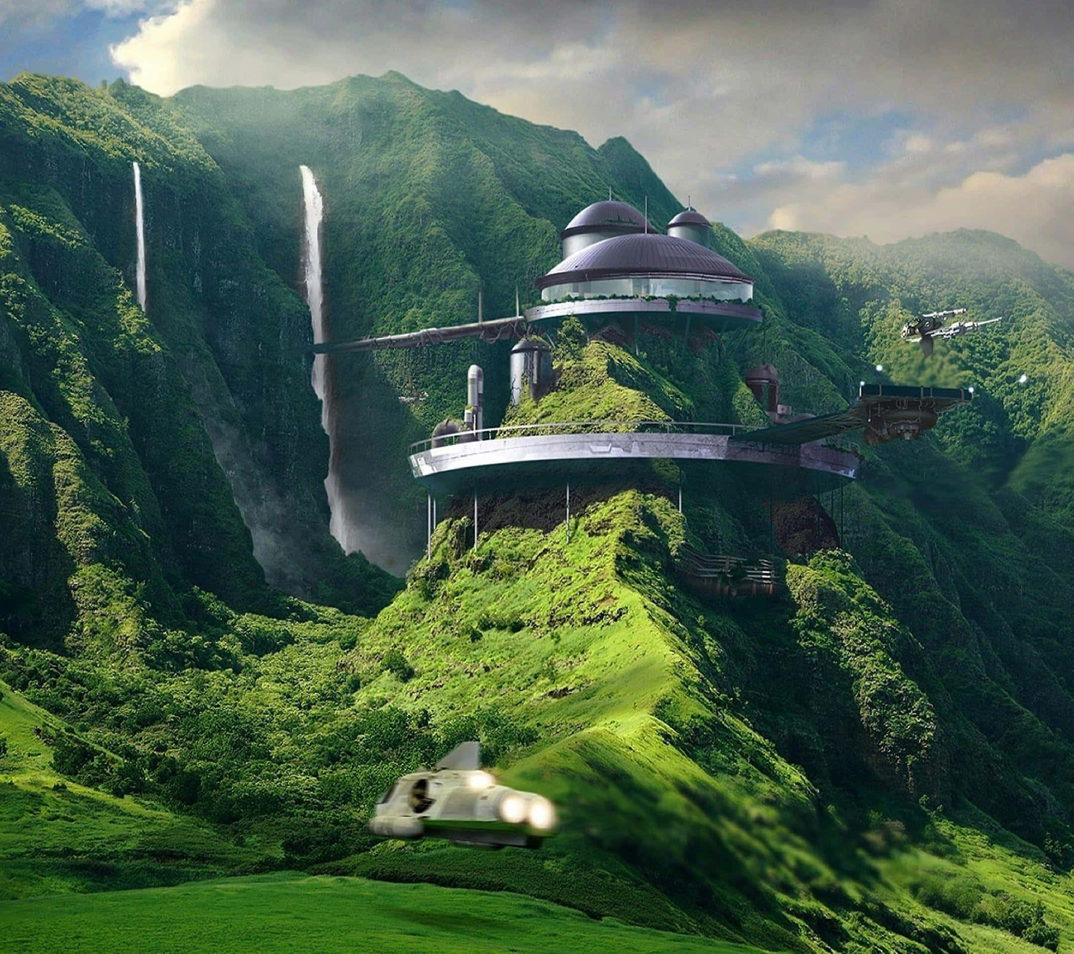 futuristic dome-shaped space station, lush green mountain, waterfalls, Full HD Desktop Wallpaper