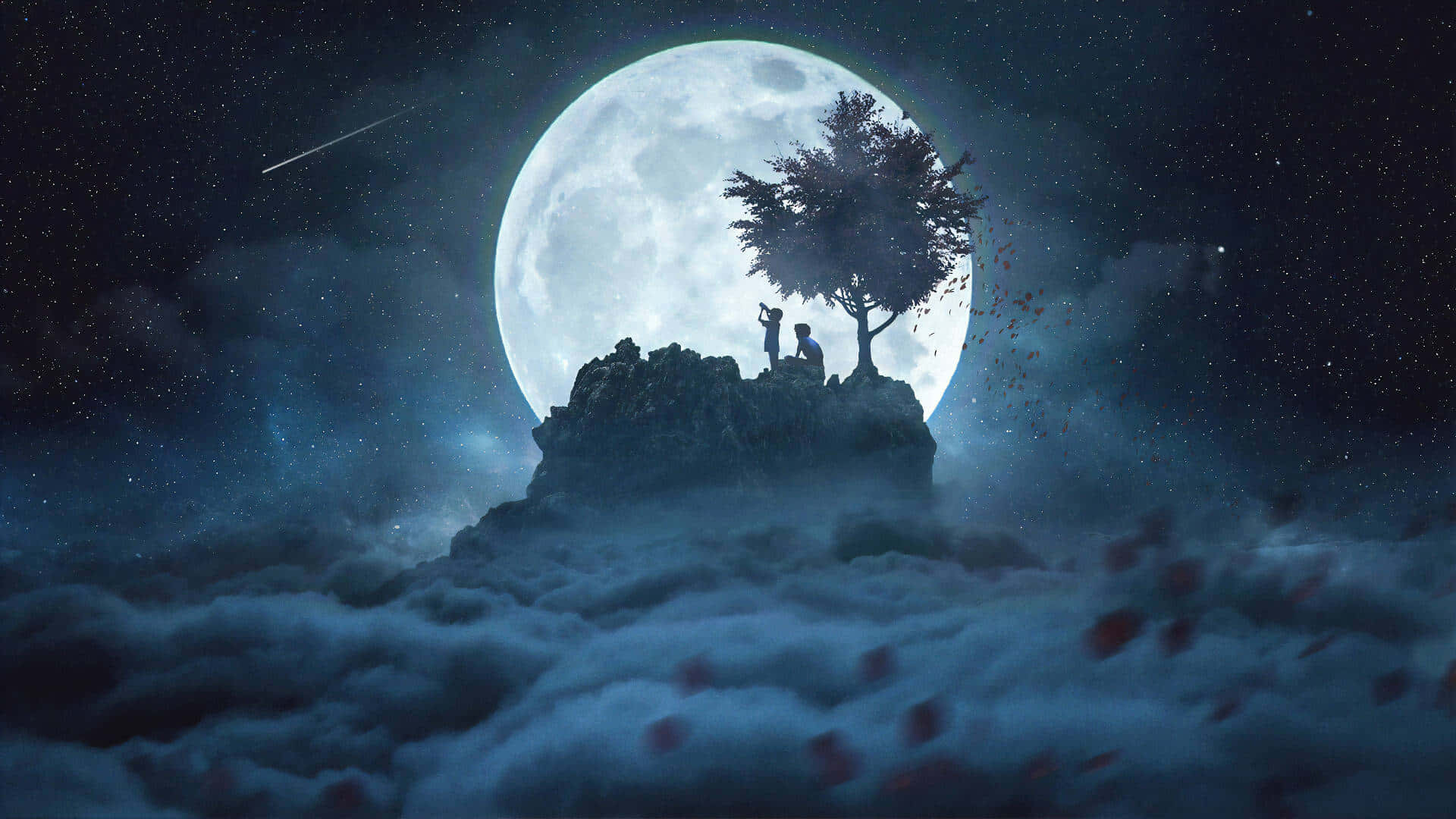 Full Moon, hill, lone tree, Full HD Desktop Wallpaper