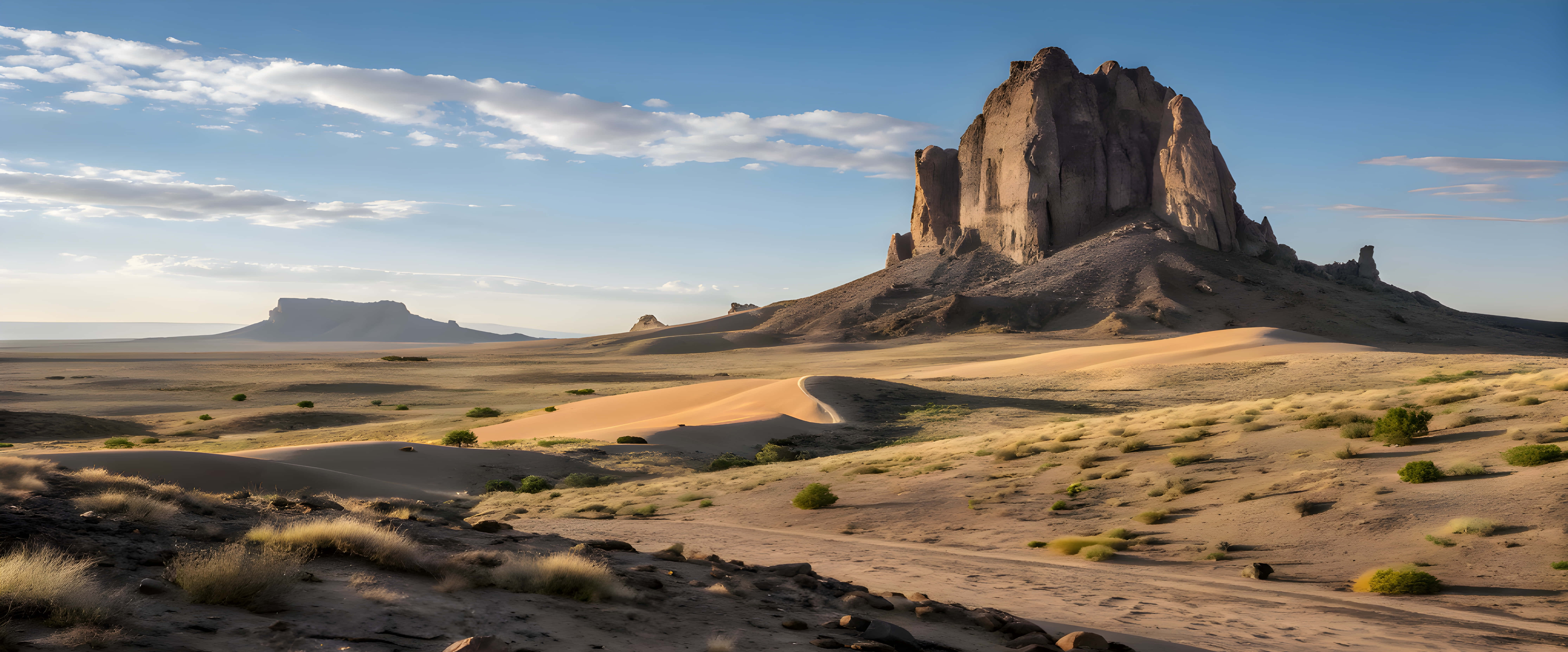 sandstone butte, desert landscape, bright blue sky, 8K Desktop Wallpaper