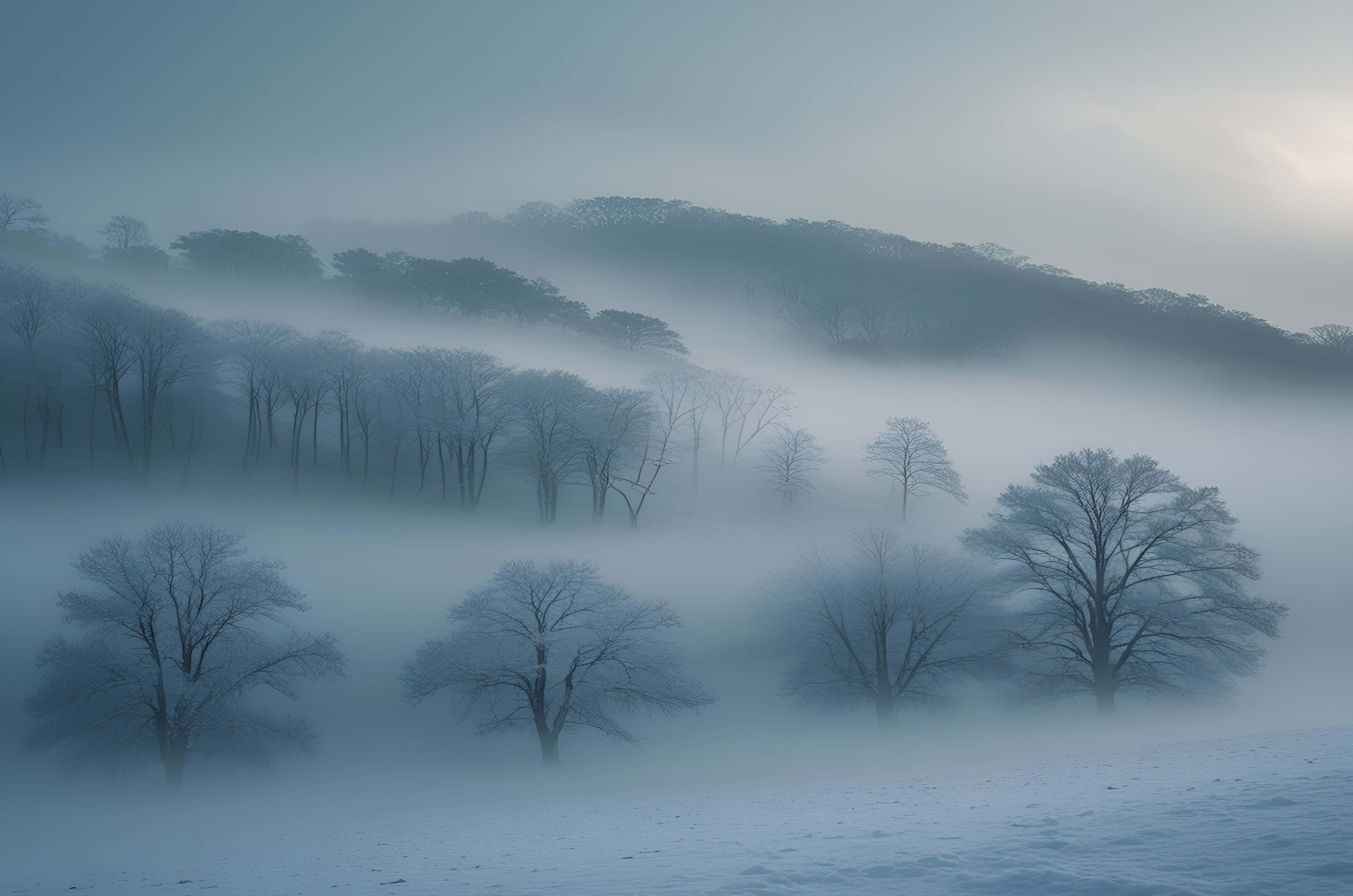 foggy hill, snowy hillside, dense fog, 4K Desktop Wallpaper