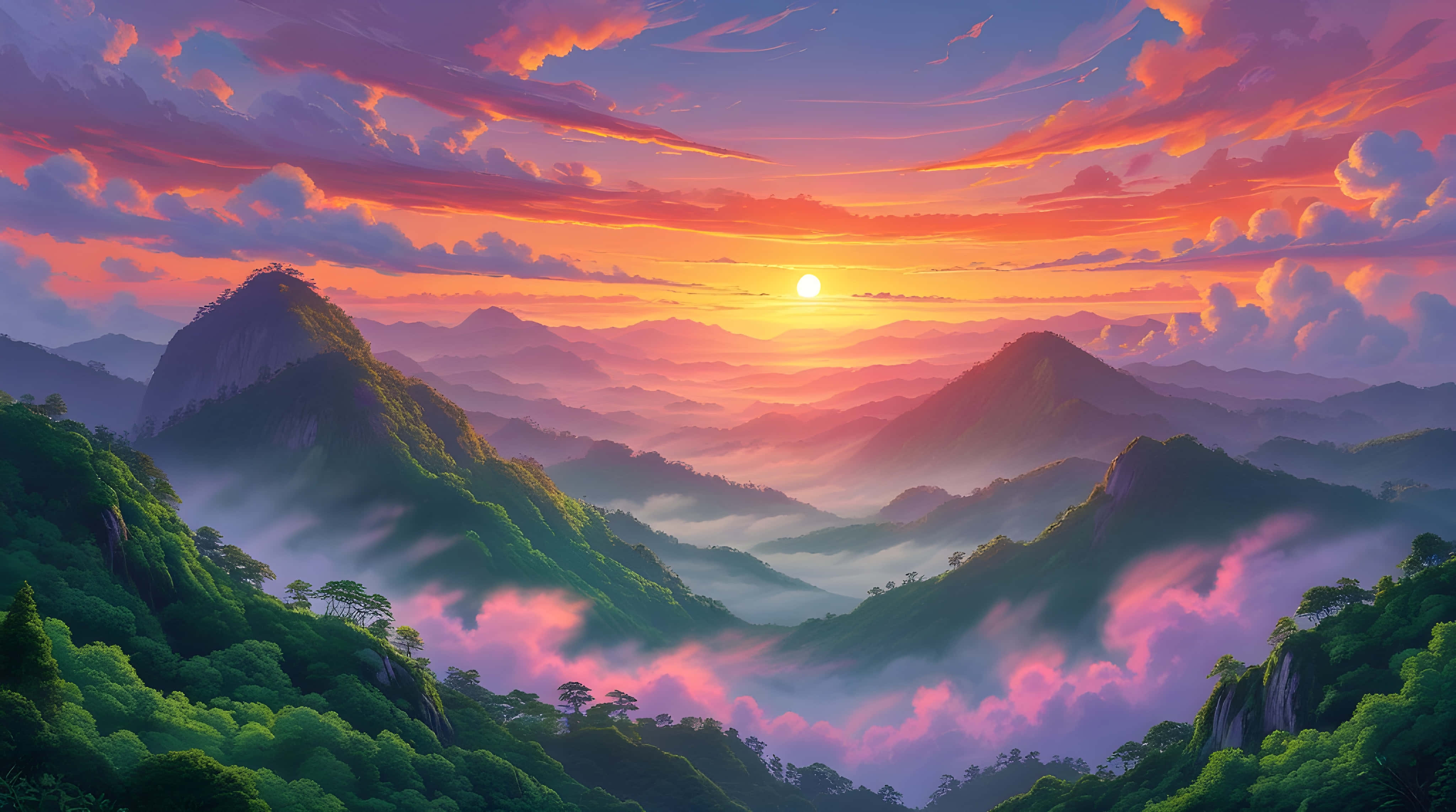 green hill, sunset, mountain peaks, 4K Desktop Wallpaper