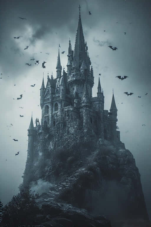 gothic castle, foggy hill, misty cliff, SD Phone Wallpaper