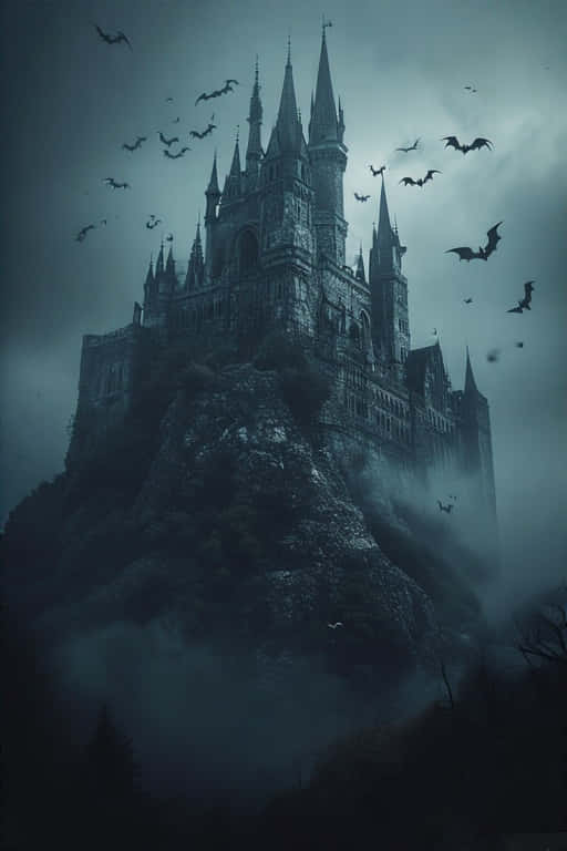 gothic castle, foggy hill, misty cliff, SD Phone Wallpaper