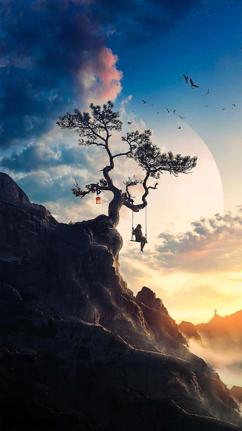 tree swing set, hill, gnarled tree, HD Phone Wallpaper