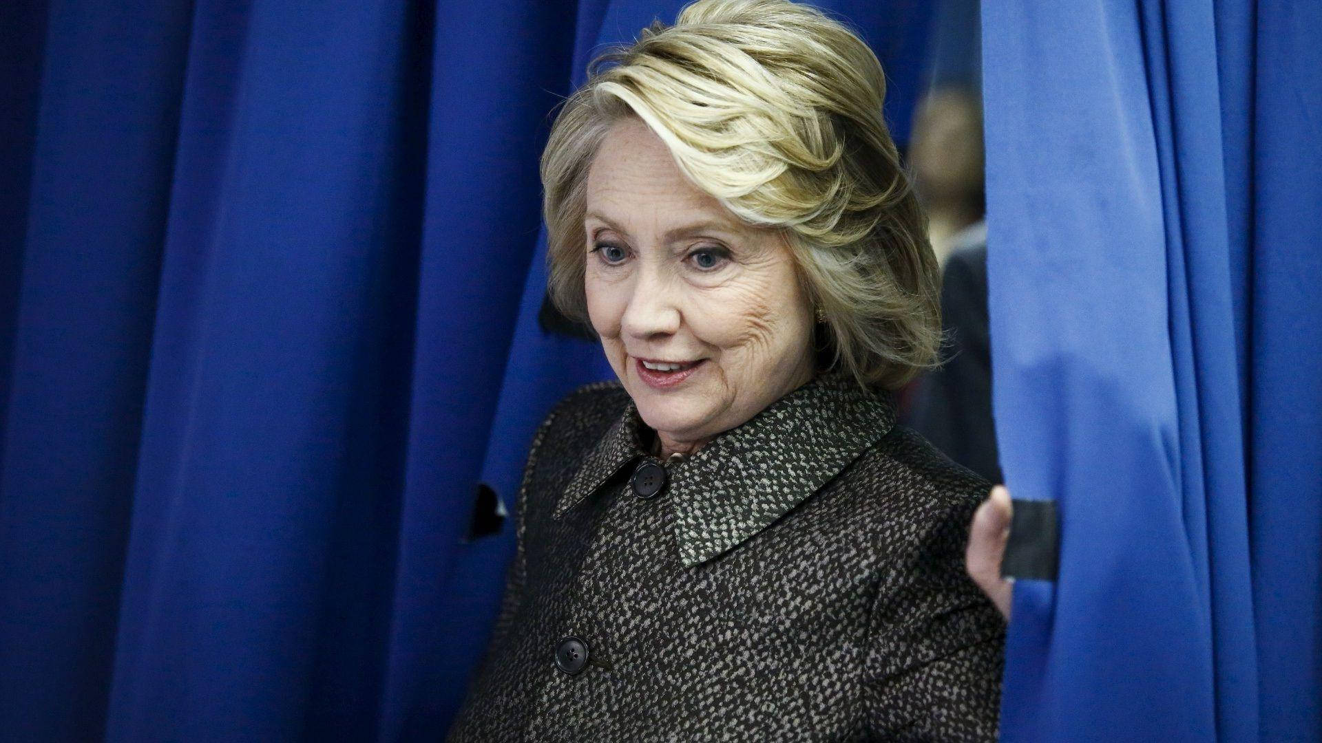 Hillary Clinton, blue curtain, textured brown coat, Full HD Desktop Wallpaper
