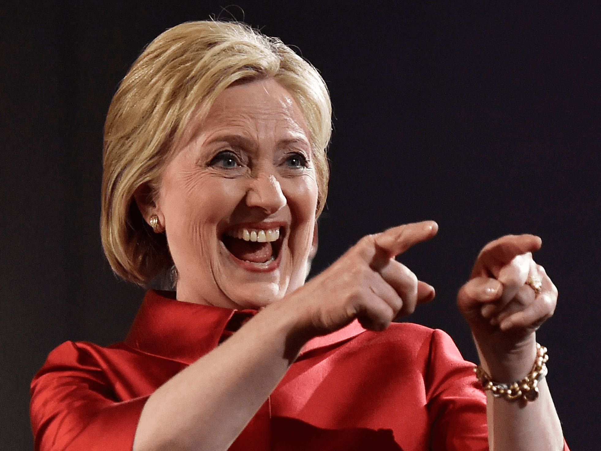 Hillary Clinton, vibrant red satin blouse, beams with joy, Full HD Desktop Wallpaper