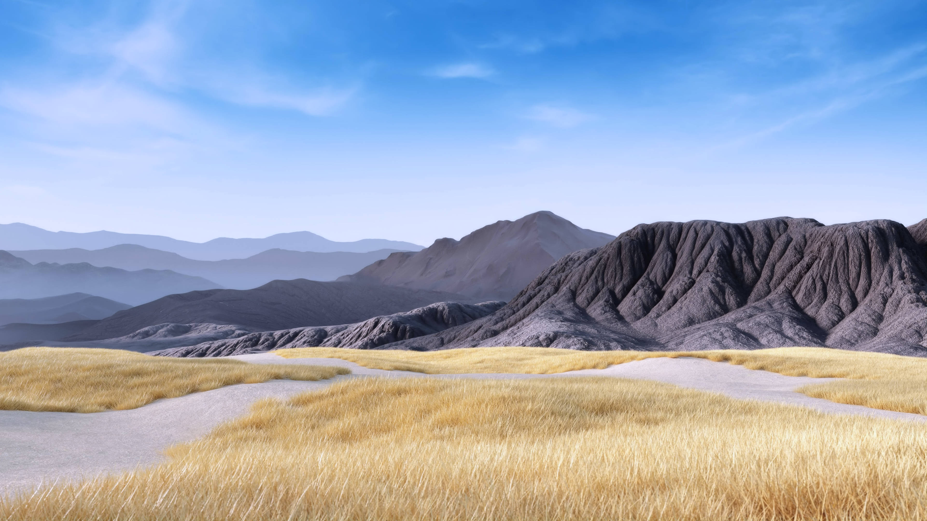 dark brown hillside, golden grasslands, rugged gray mountains, 4K Desktop Wallpaper