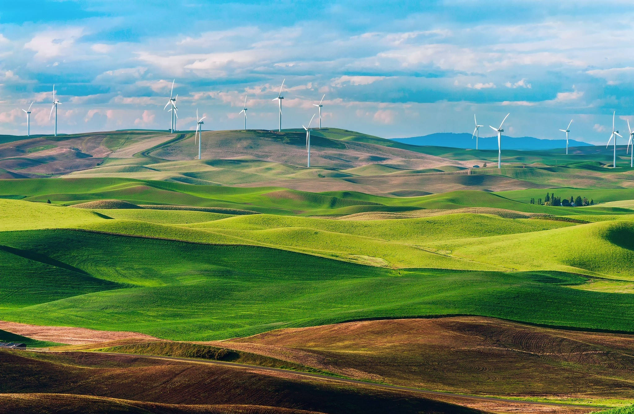 windmills, hillside, green hills, Full HD Desktop Wallpaper