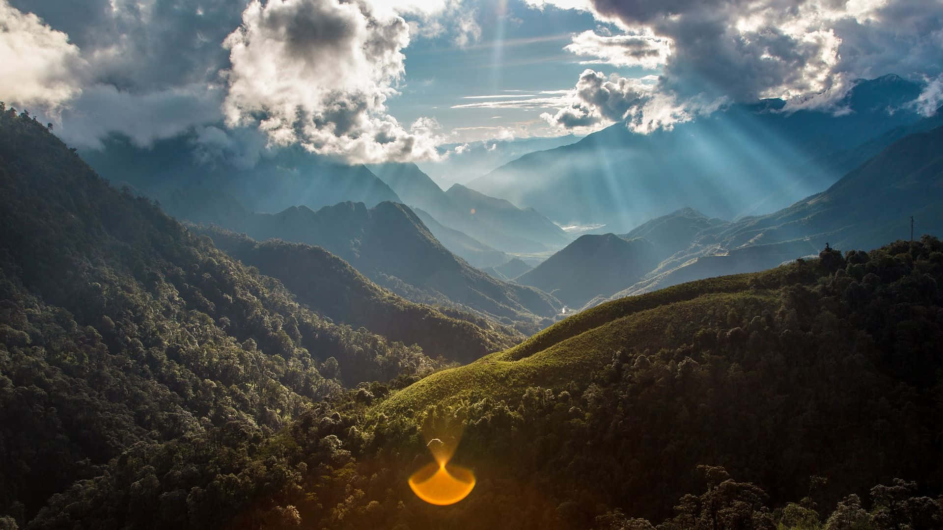 Sunlight beams, clouds, layered mountain ranges, Full HD Desktop Wallpaper