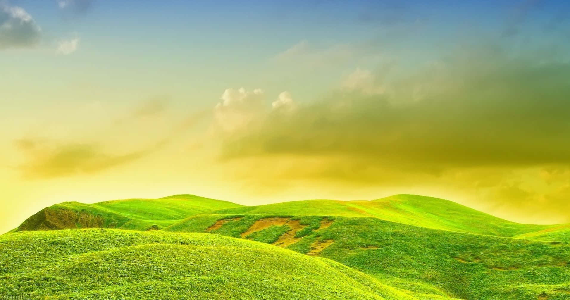 Bright Sunrise Hills, rolling emerald hills, golden sky, HD Desktop Wallpaper