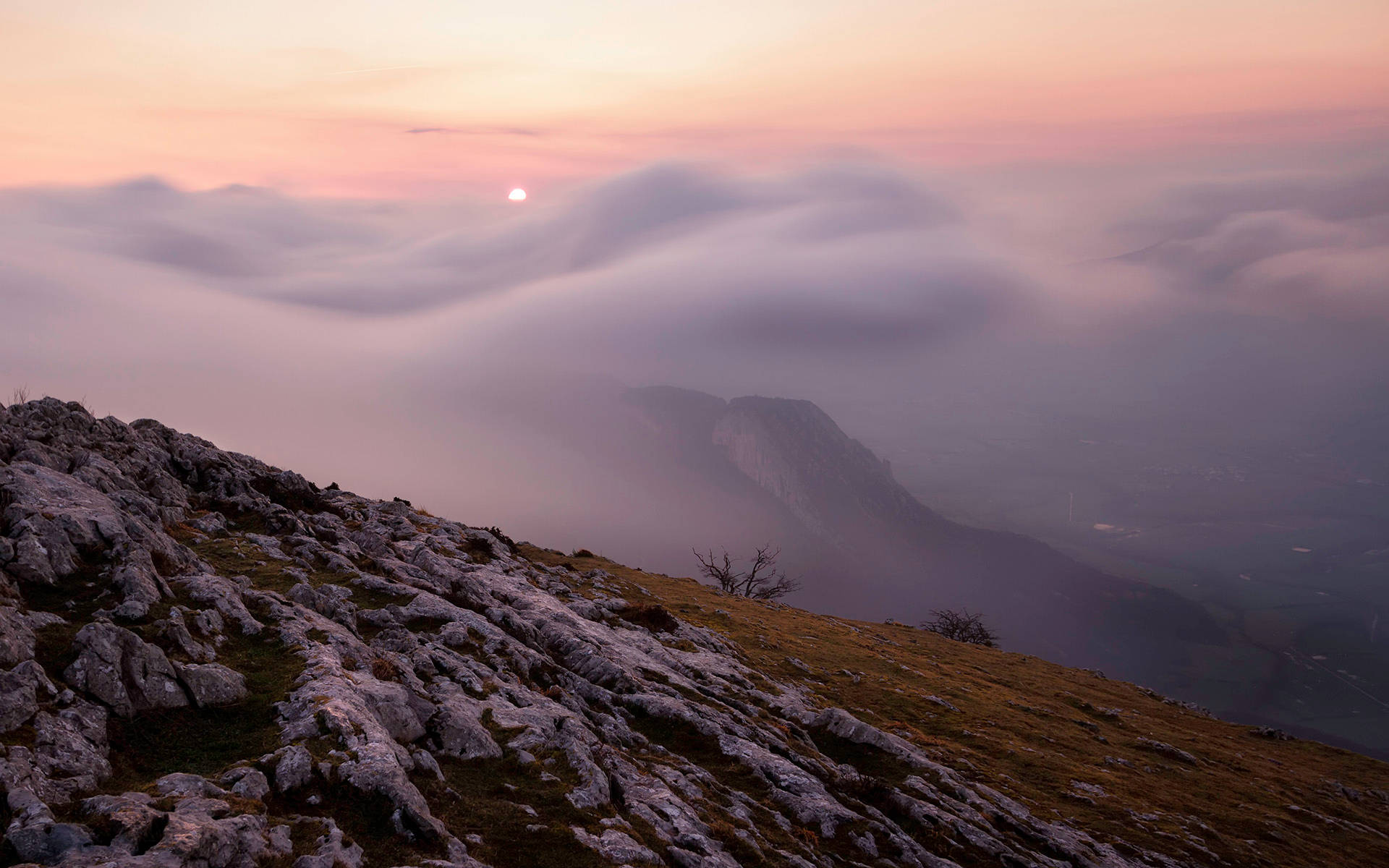 Sunset, rocky mountain ridge, sea of clouds, Full HD Desktop Wallpaper