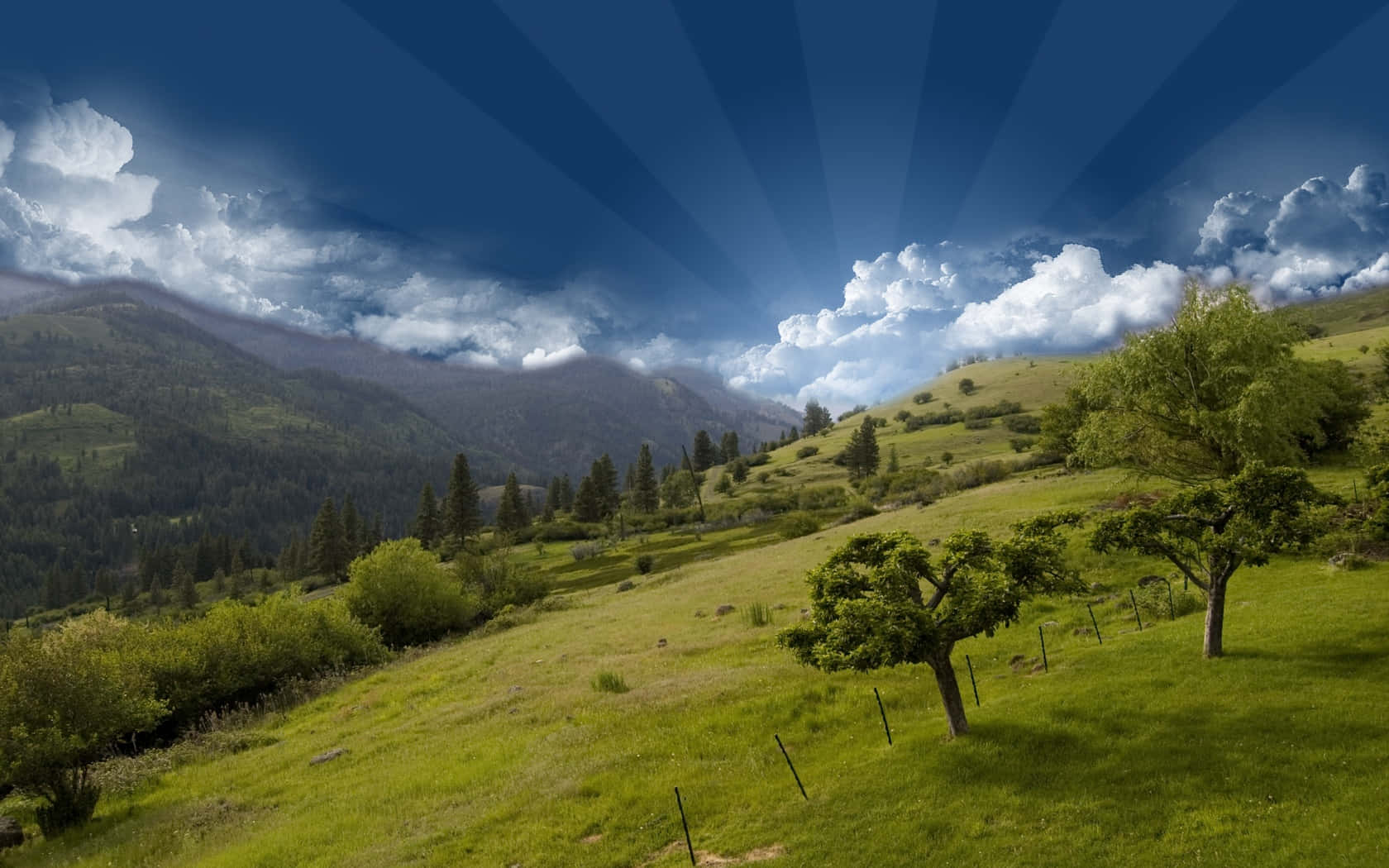 Sunlight, clouds, lush green hillside, HD Desktop Wallpaper