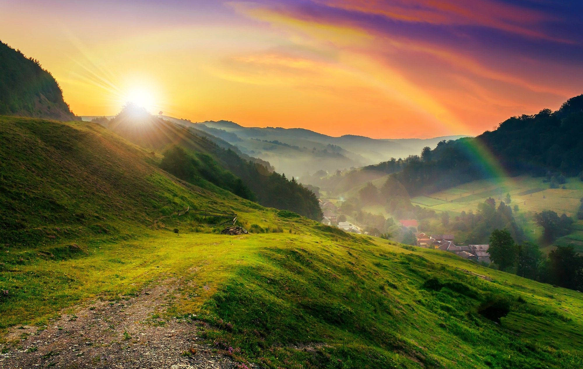 sunrise, hillside, rolling green hills, Full HD Desktop Wallpaper