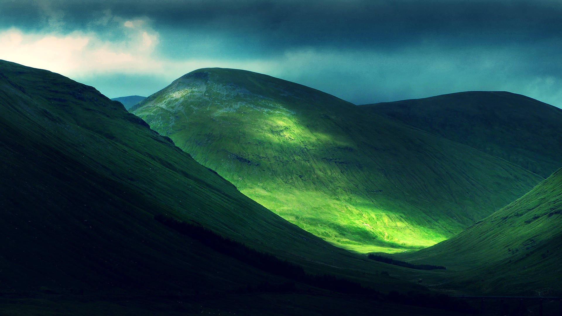 Hillside, dark clouds, mountain valley, Full HD Desktop Wallpaper