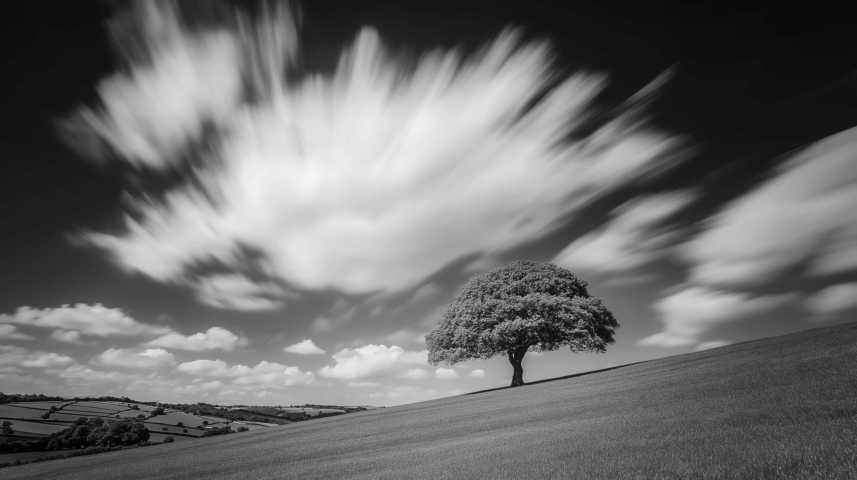 solitary tree, hillside, dramatic sky, 2K Desktop Wallpaper