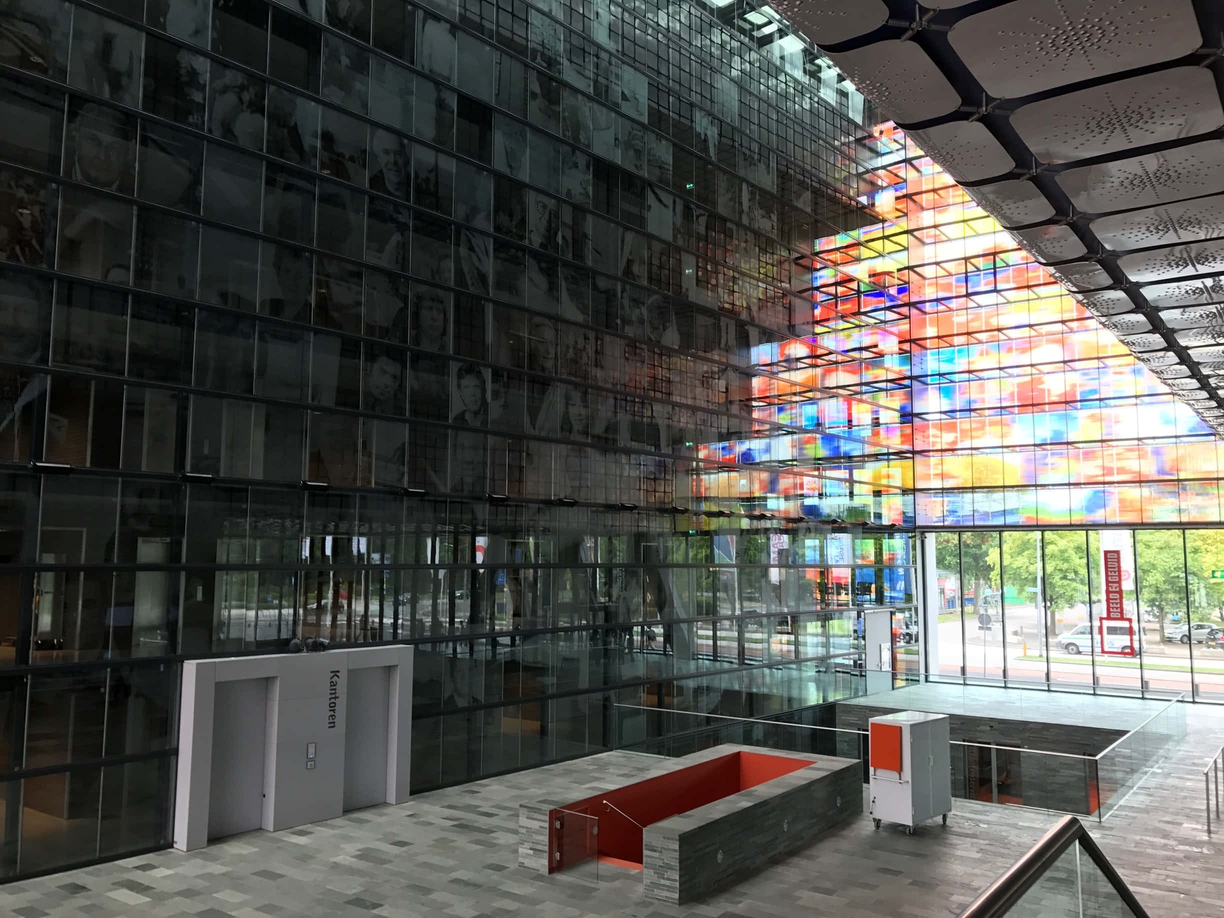 colorful glass facade, institute building, Hilversum, Full HD Desktop Wallpaper