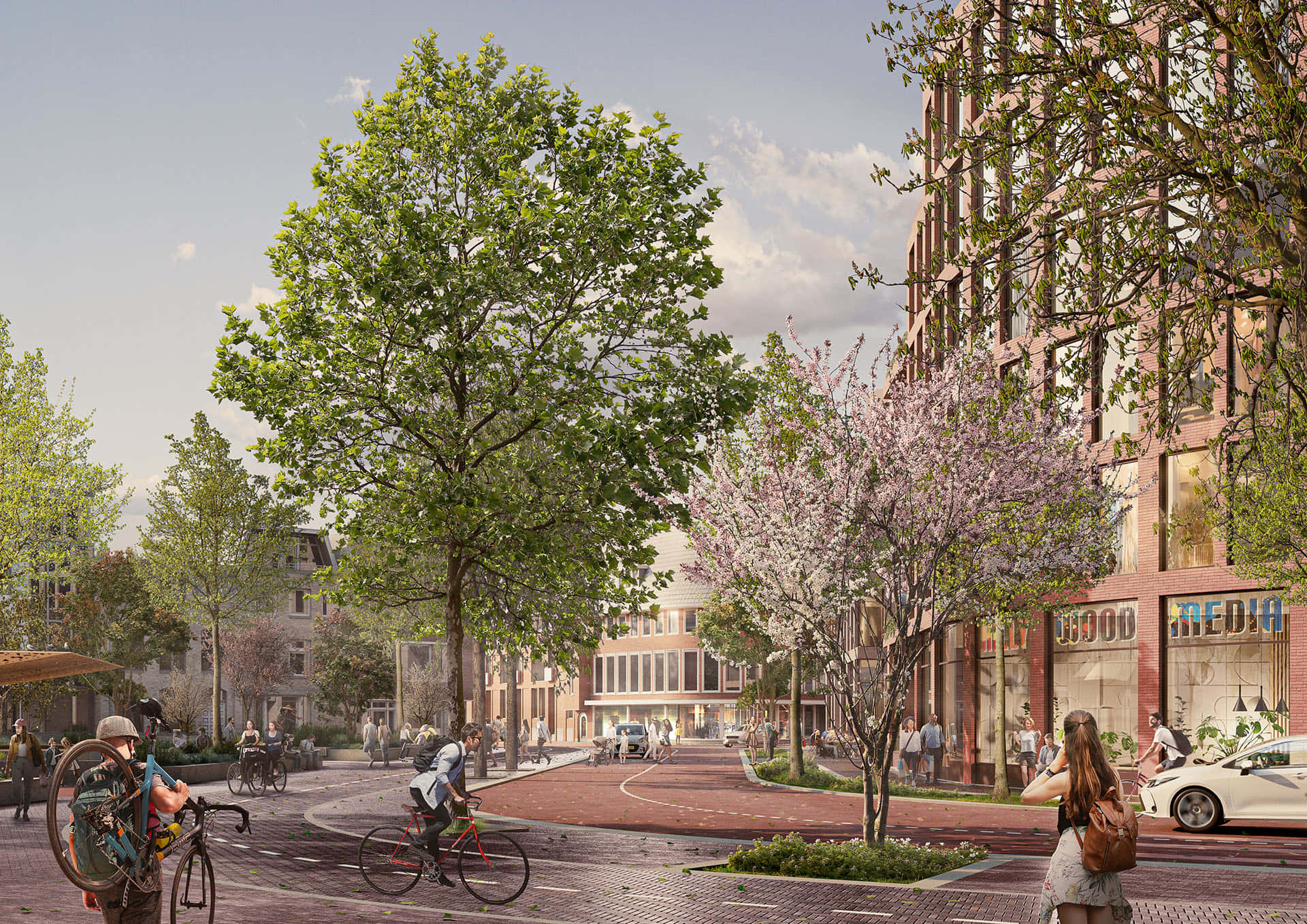 Hilversum, urban cycling scene, blooming trees, Full HD Desktop Wallpaper