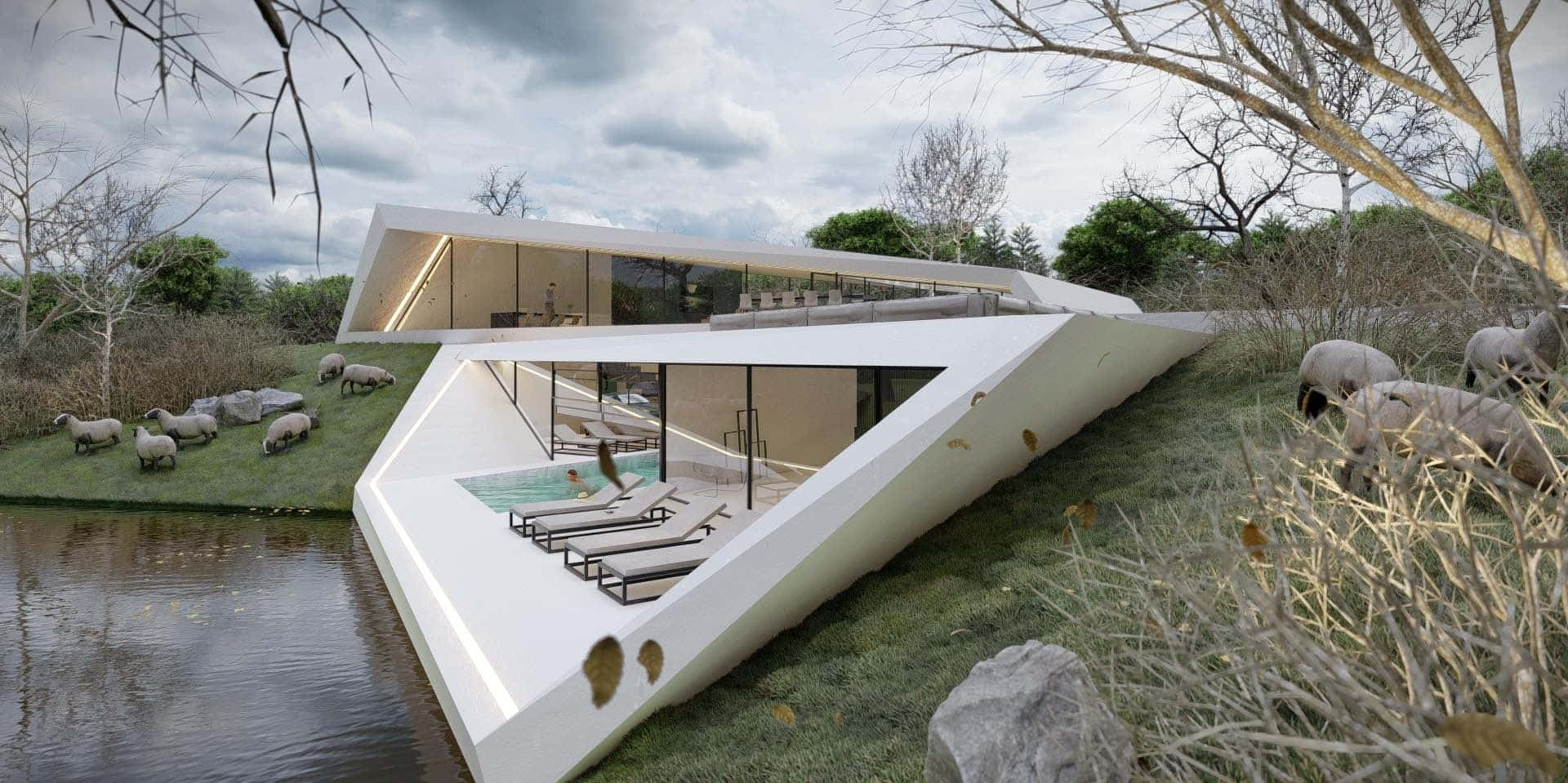 Hilversum, modern underground house design, futuristic white angular house, Full HD Desktop Wallpaper