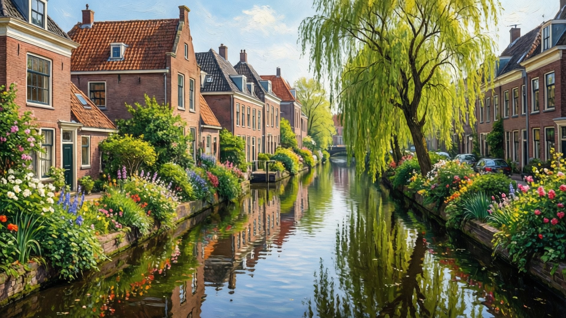 Hilversum, canal, traditional houses, Full HD Desktop Wallpaper