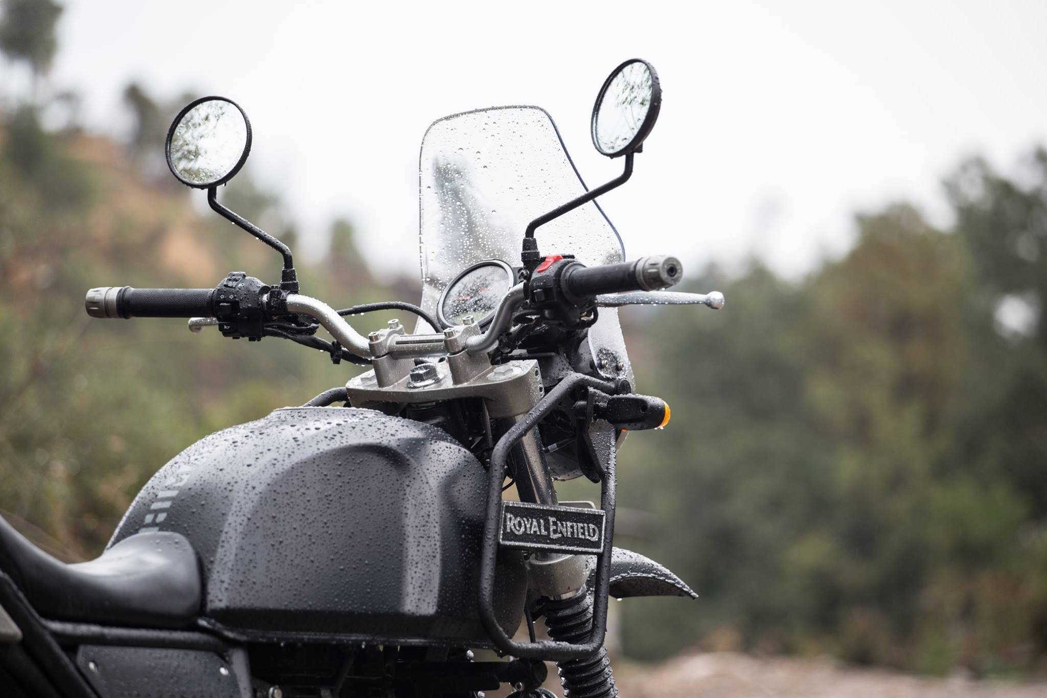 Himalayan Bike, black Royal Enfield, raindrops, Full HD Desktop Wallpaper