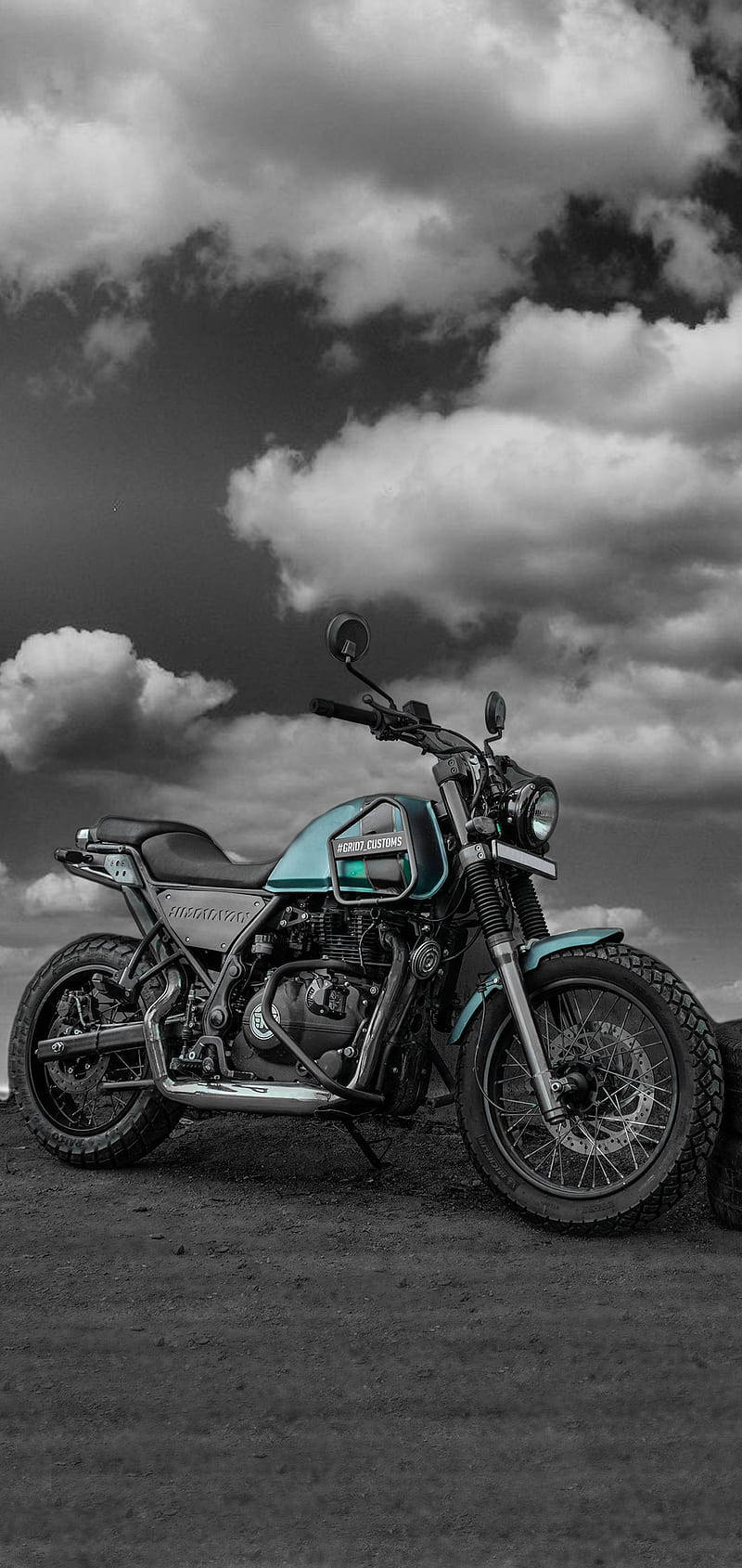 Himalayan Bike, teal, monochrome sky, HD Phone Wallpaper