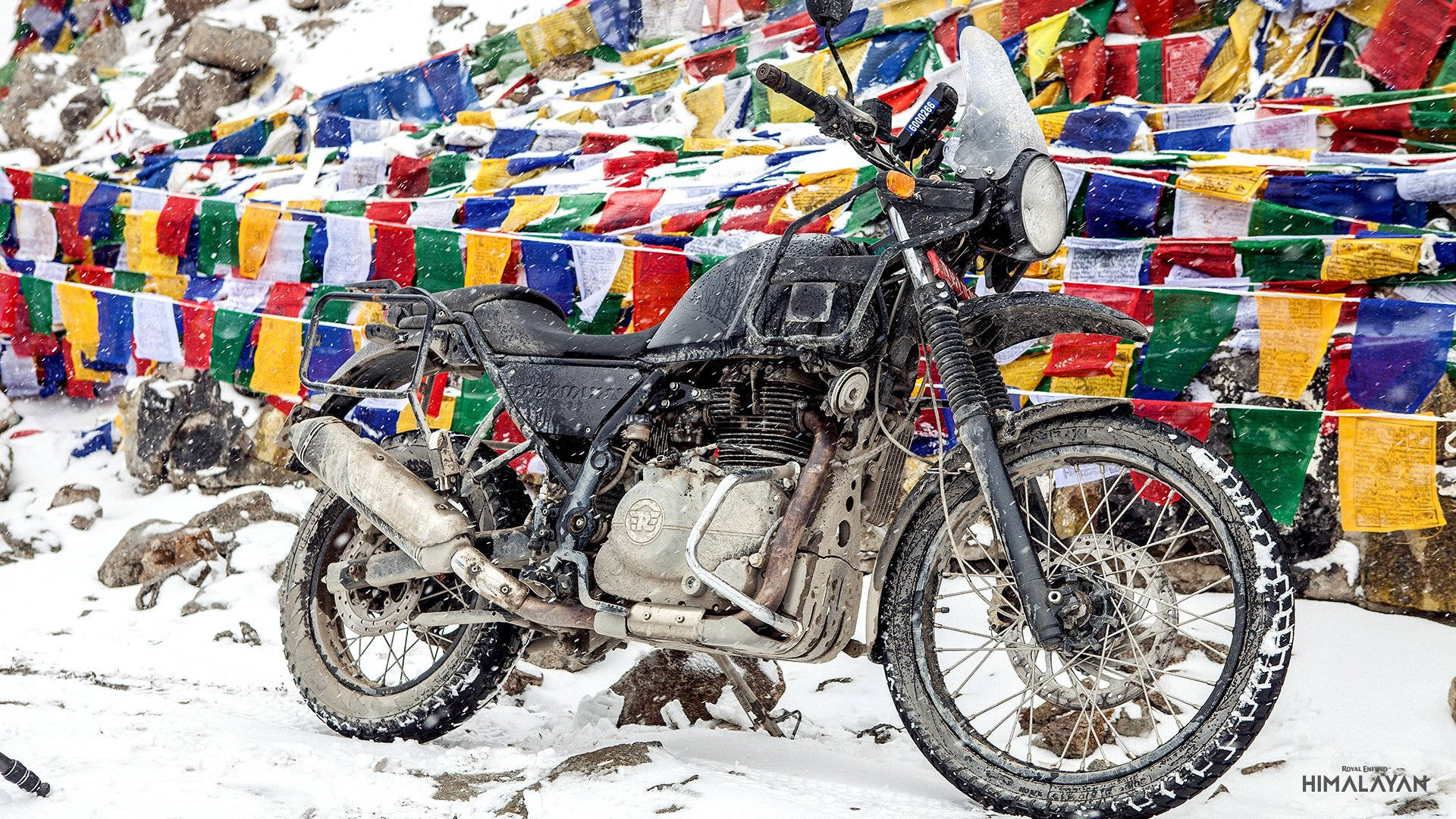 Himalayan, black motorcycle, snowy Himalayan terrain, Full HD Desktop Wallpaper