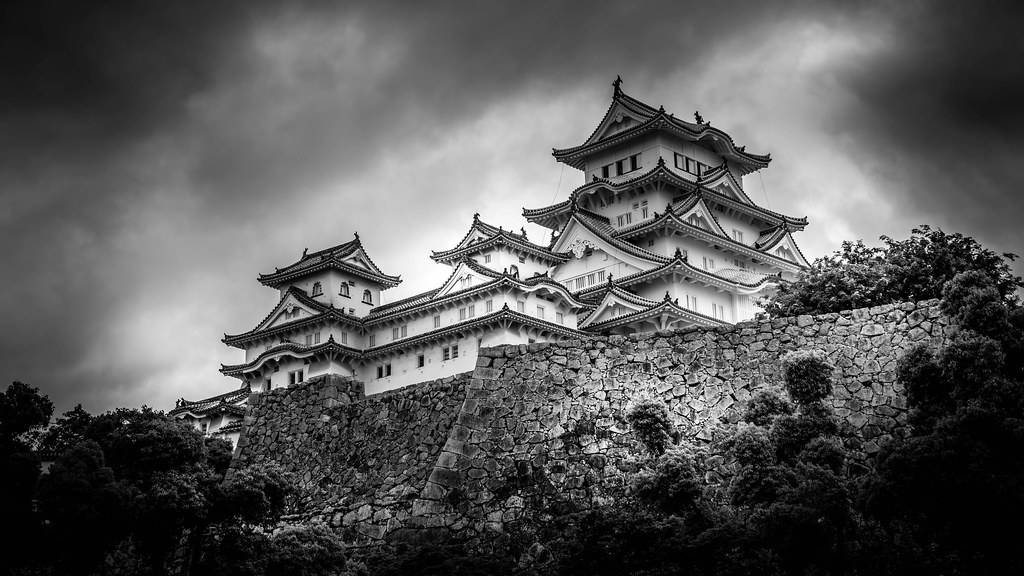 Himeji Castle, black and white, stone hill, SD Desktop Wallpaper