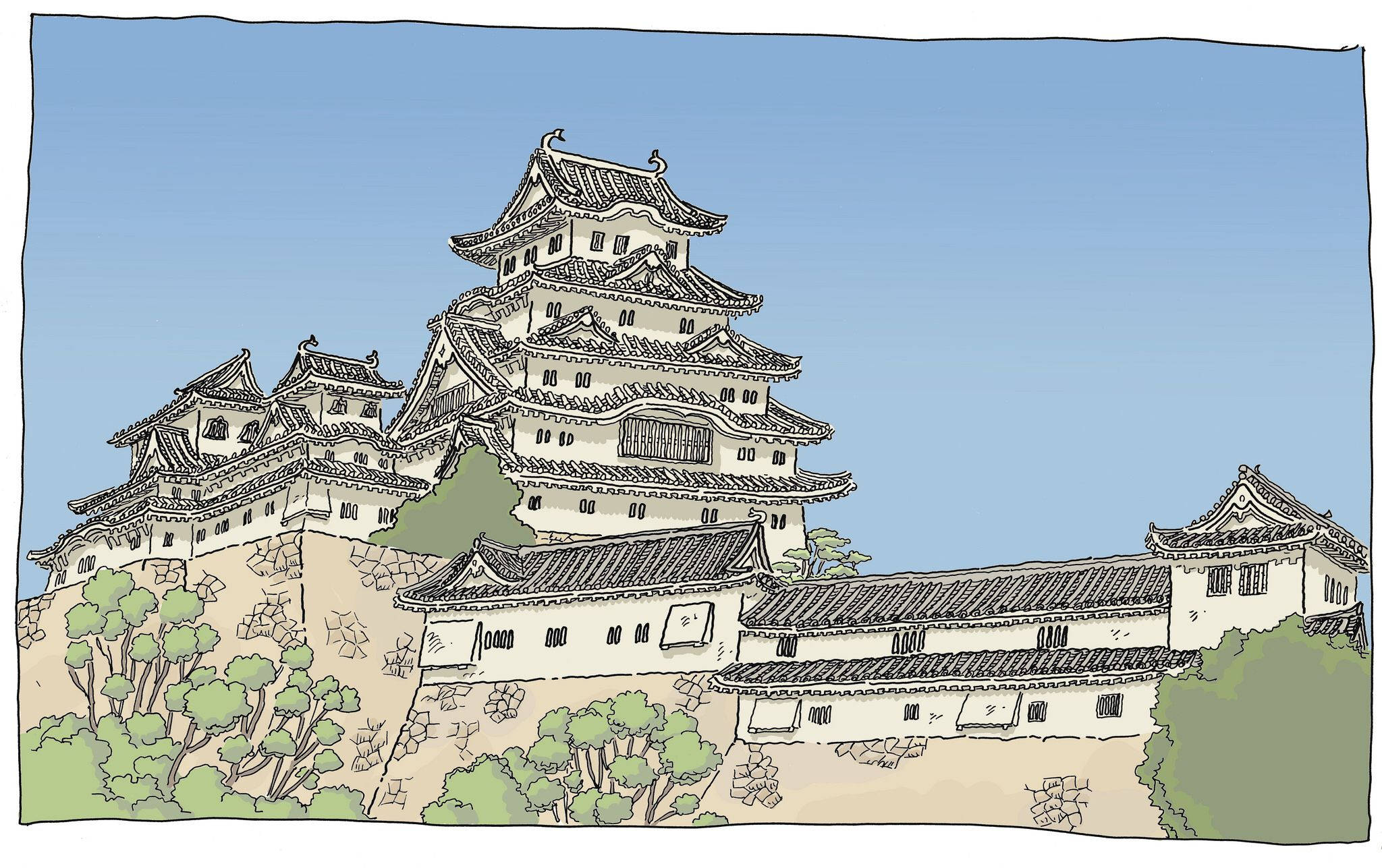 Himeji Castle, layered roofs, stone walls, Full HD Desktop Wallpaper