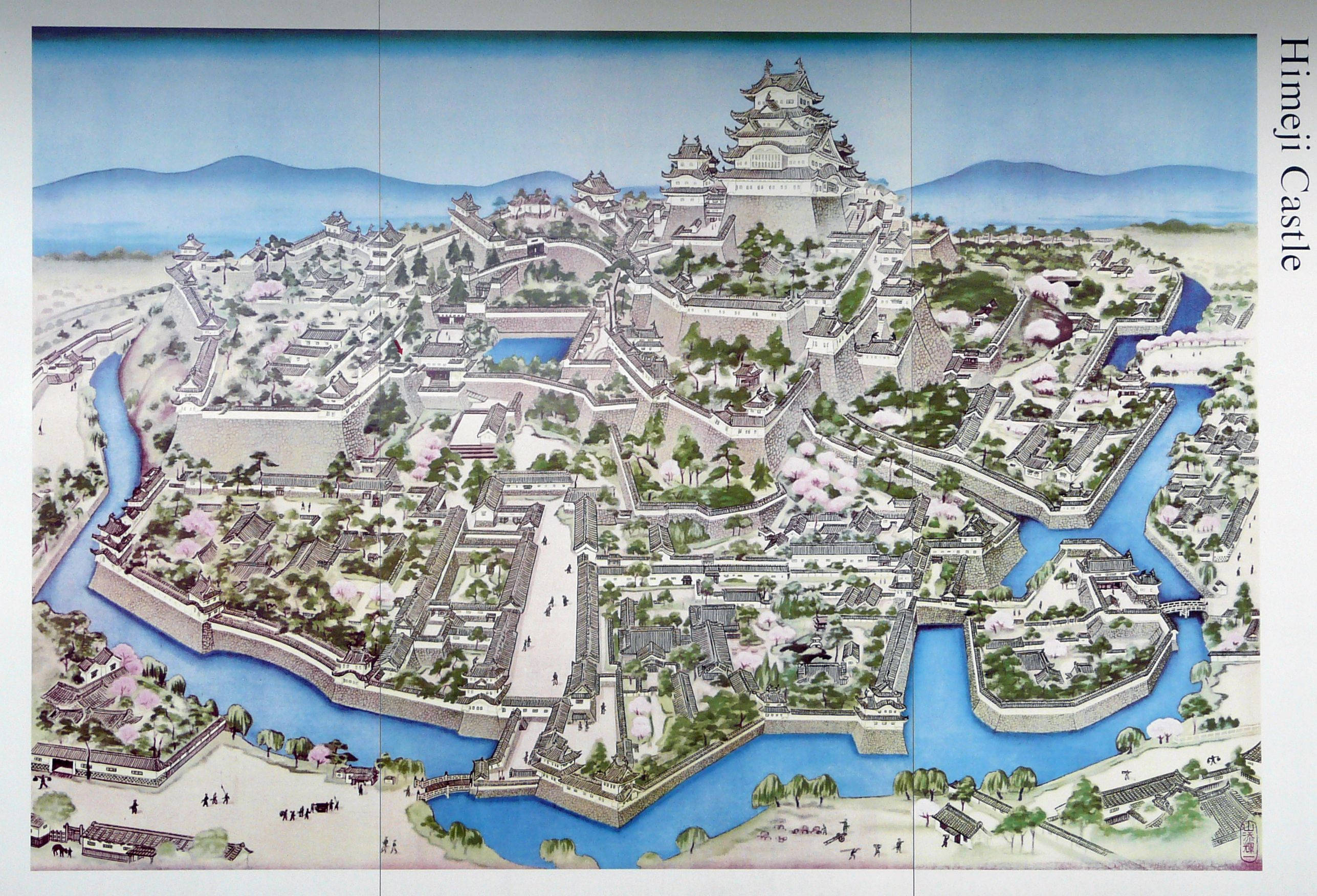 Himeji Castle, moats, cherry blossoms, 2K Desktop Wallpaper