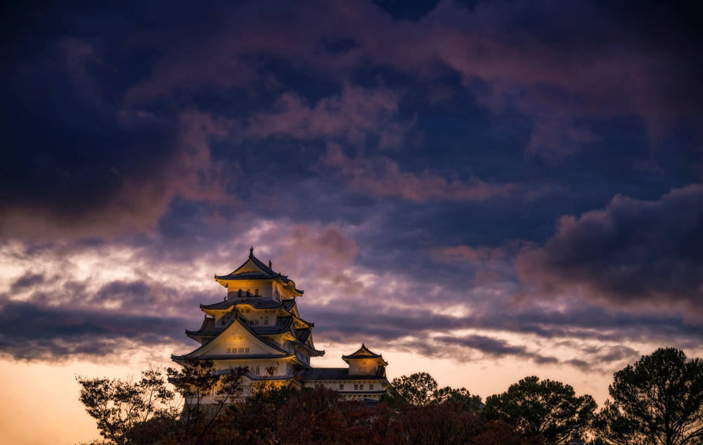 Himeji Castle, cloudy skies, twilight sky, SD Desktop Wallpaper