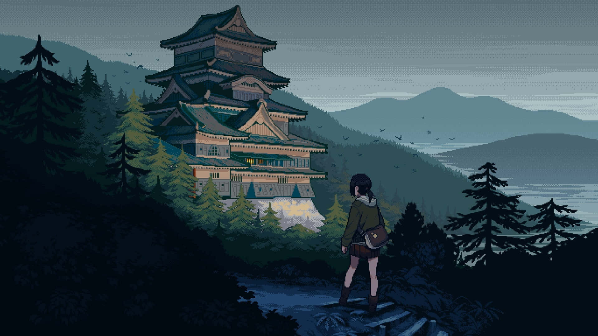anime pixel art, Japanese castle, forested hillside, Full HD Desktop Wallpaper