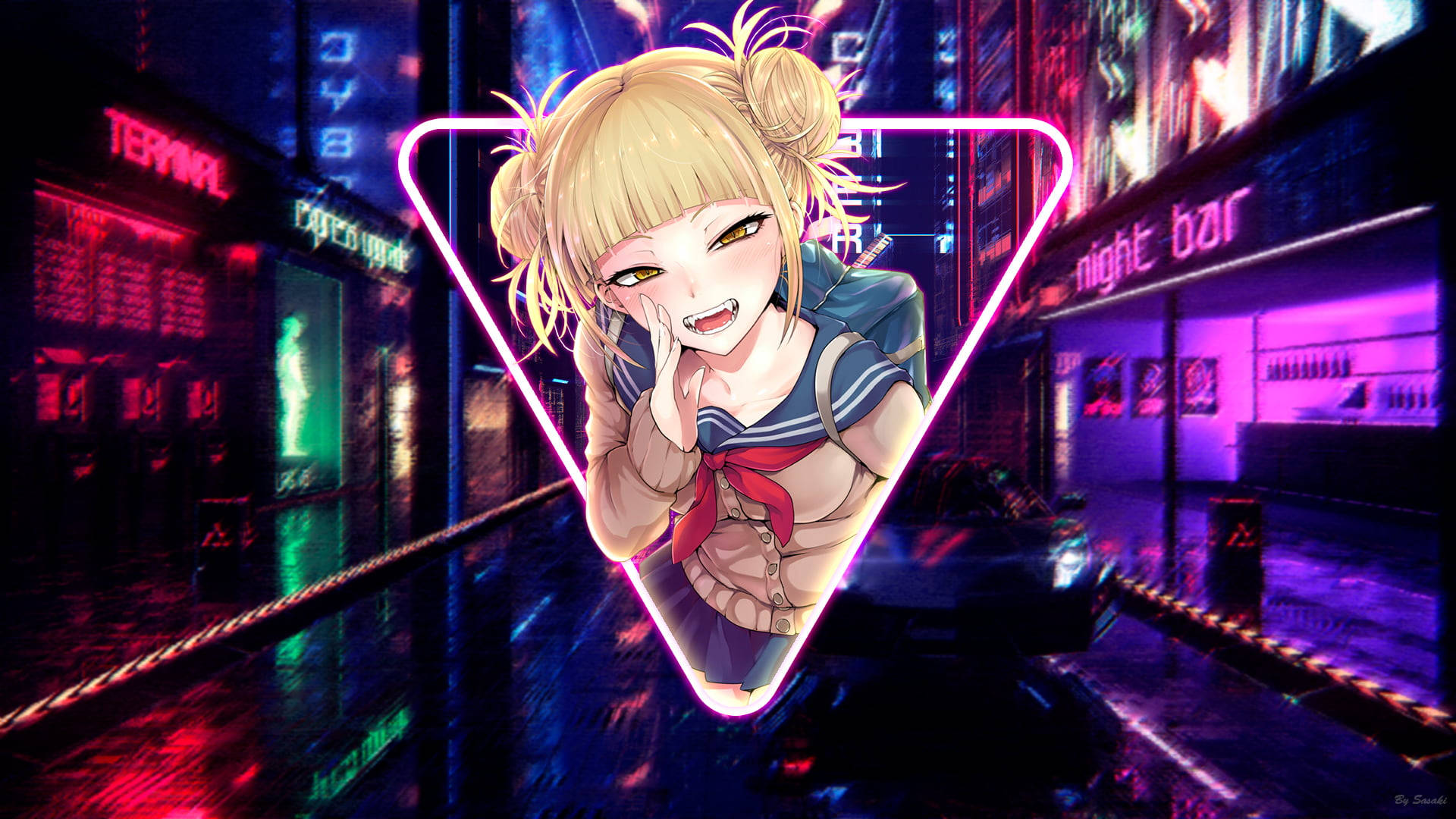Himiko Toga, neon smile, glowing pink triangle, Full HD Desktop Wallpaper