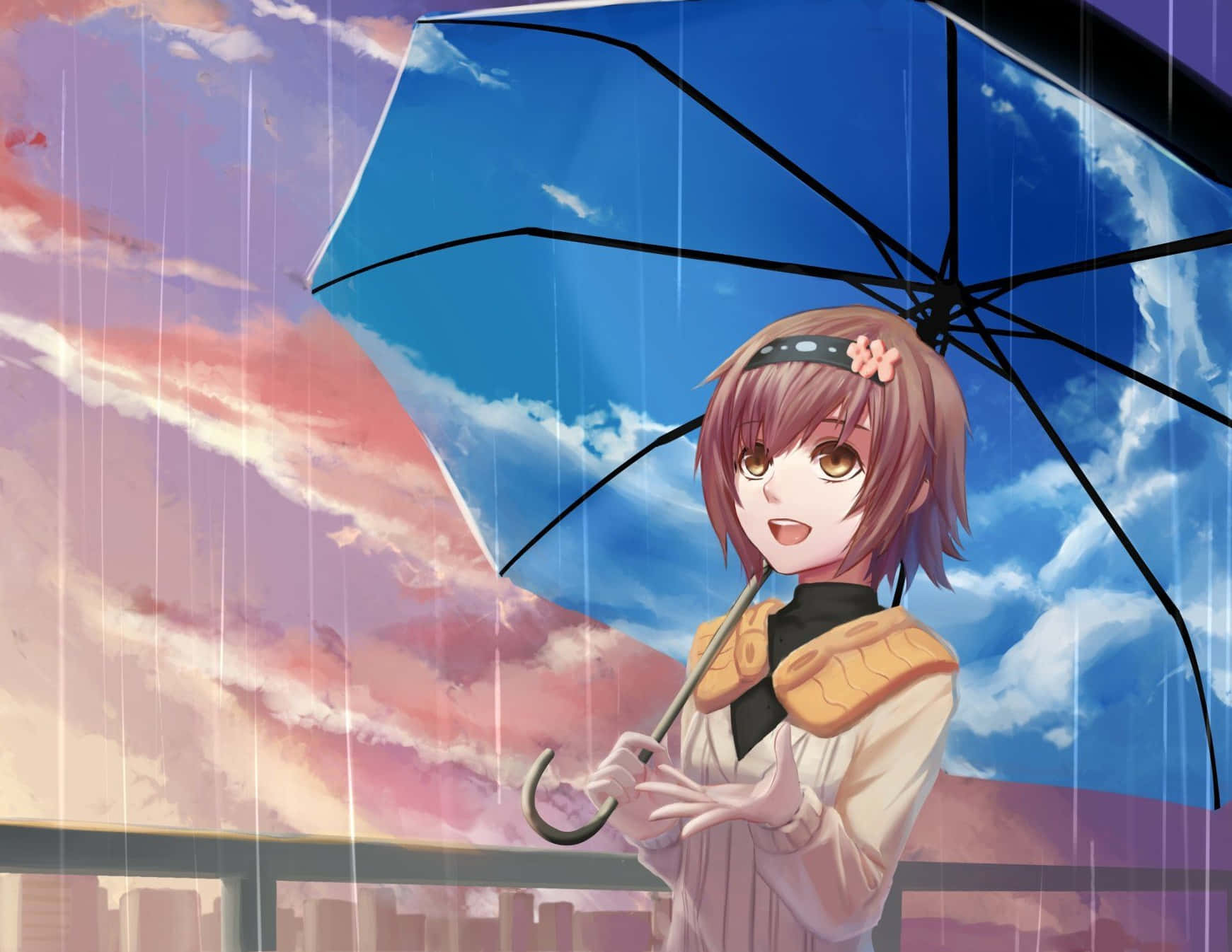 Hinami Fueguchi, brown hair, blue umbrella, HD Desktop Wallpaper