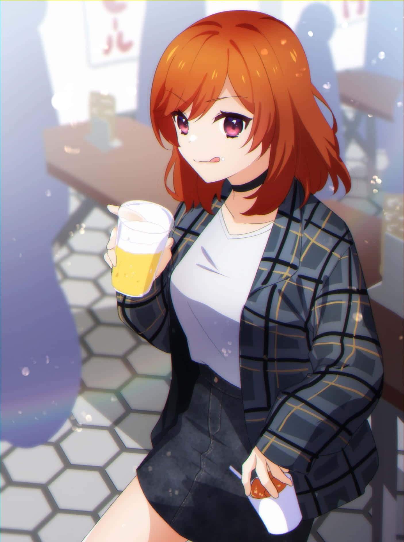 Hinano Kurahashi, orange hair, beer cup, HD Phone Wallpaper