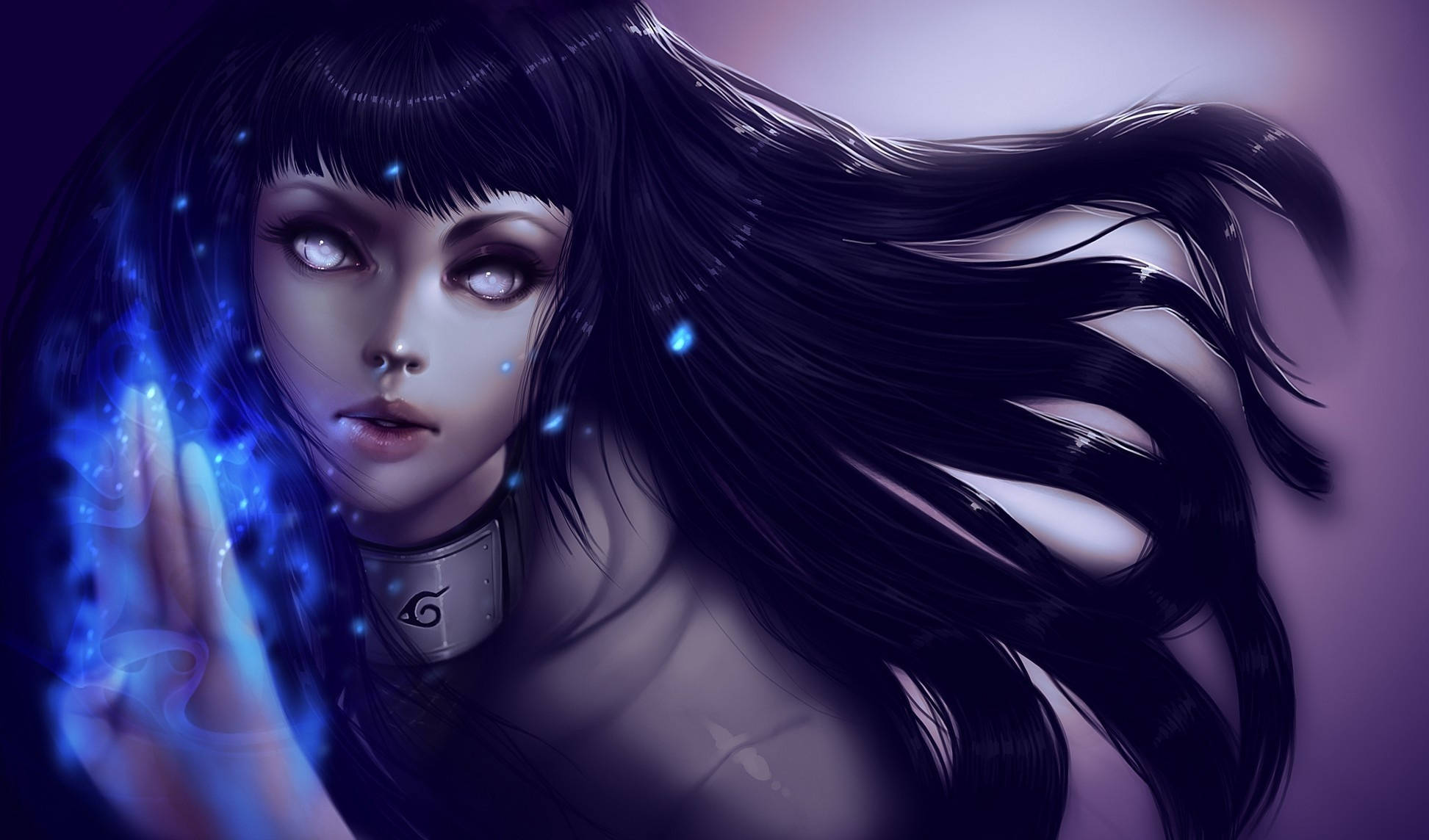 Hinata Hyuga, glowing blue chakra swirls, purple gradient background, Full HD Desktop Wallpaper