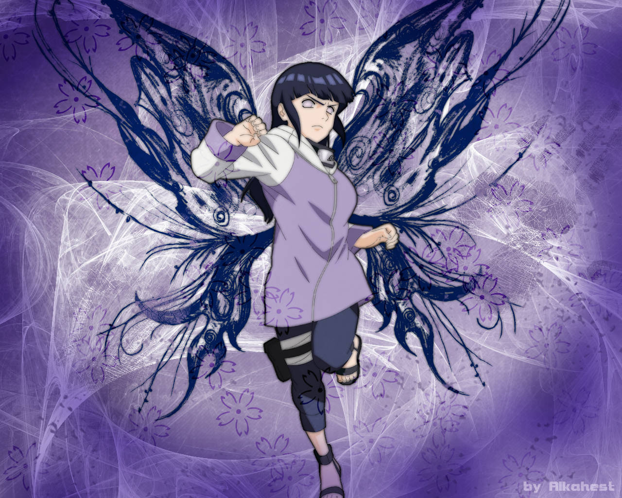 Hinata Hyuga, butterfly wings, purple and white swirls, HD Desktop Wallpaper